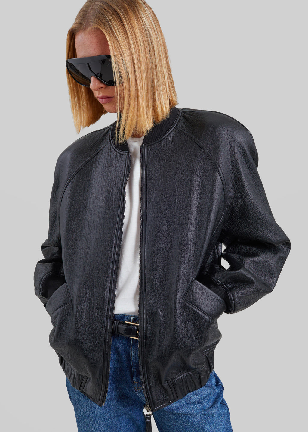 Alena Faux Leather Bomber Jacket - Black