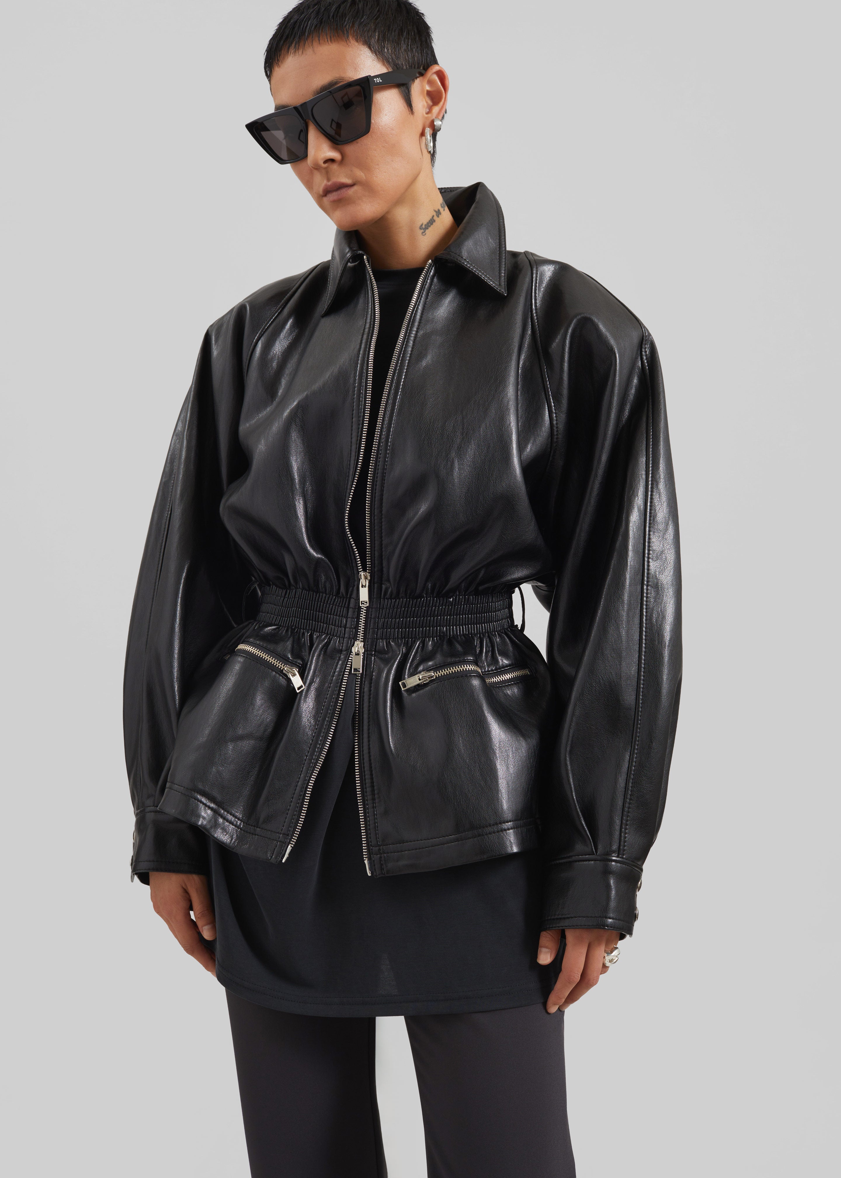 Annette Faux Leather Peplum Jacket - Black