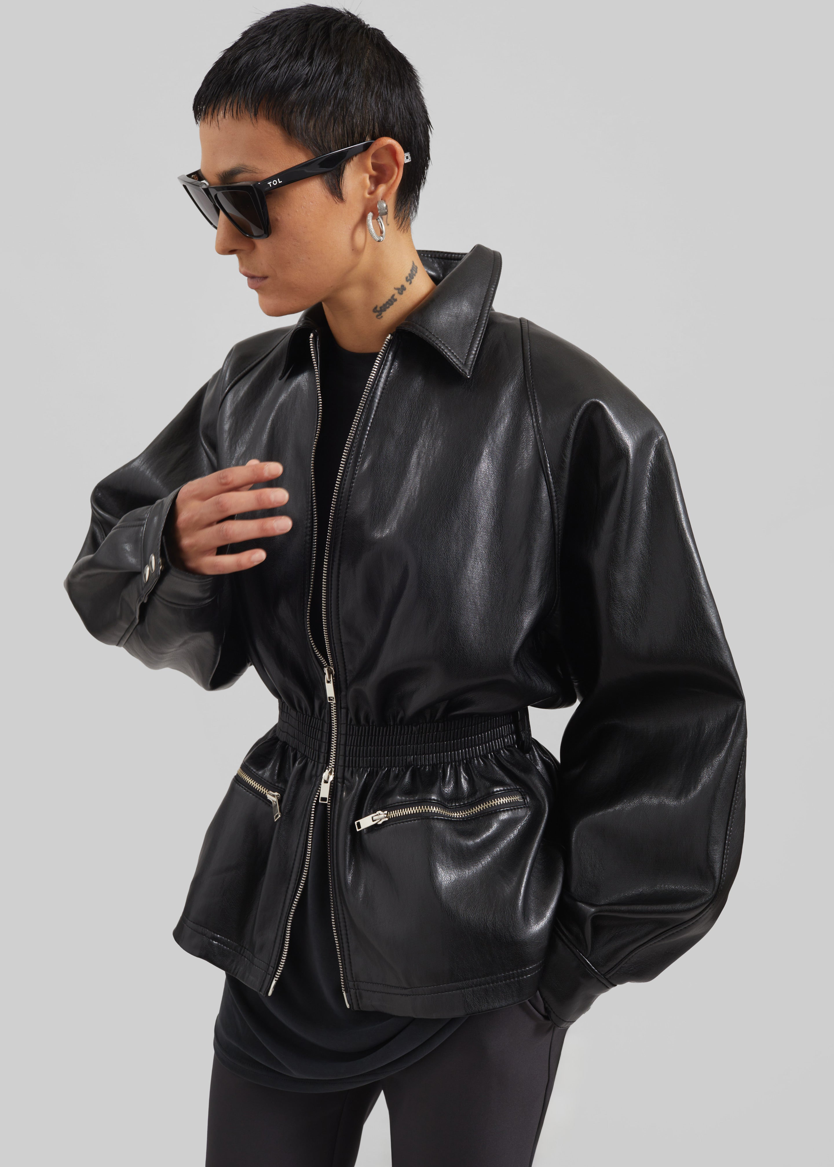 Annette Faux Leather Peplum Jacket - Black