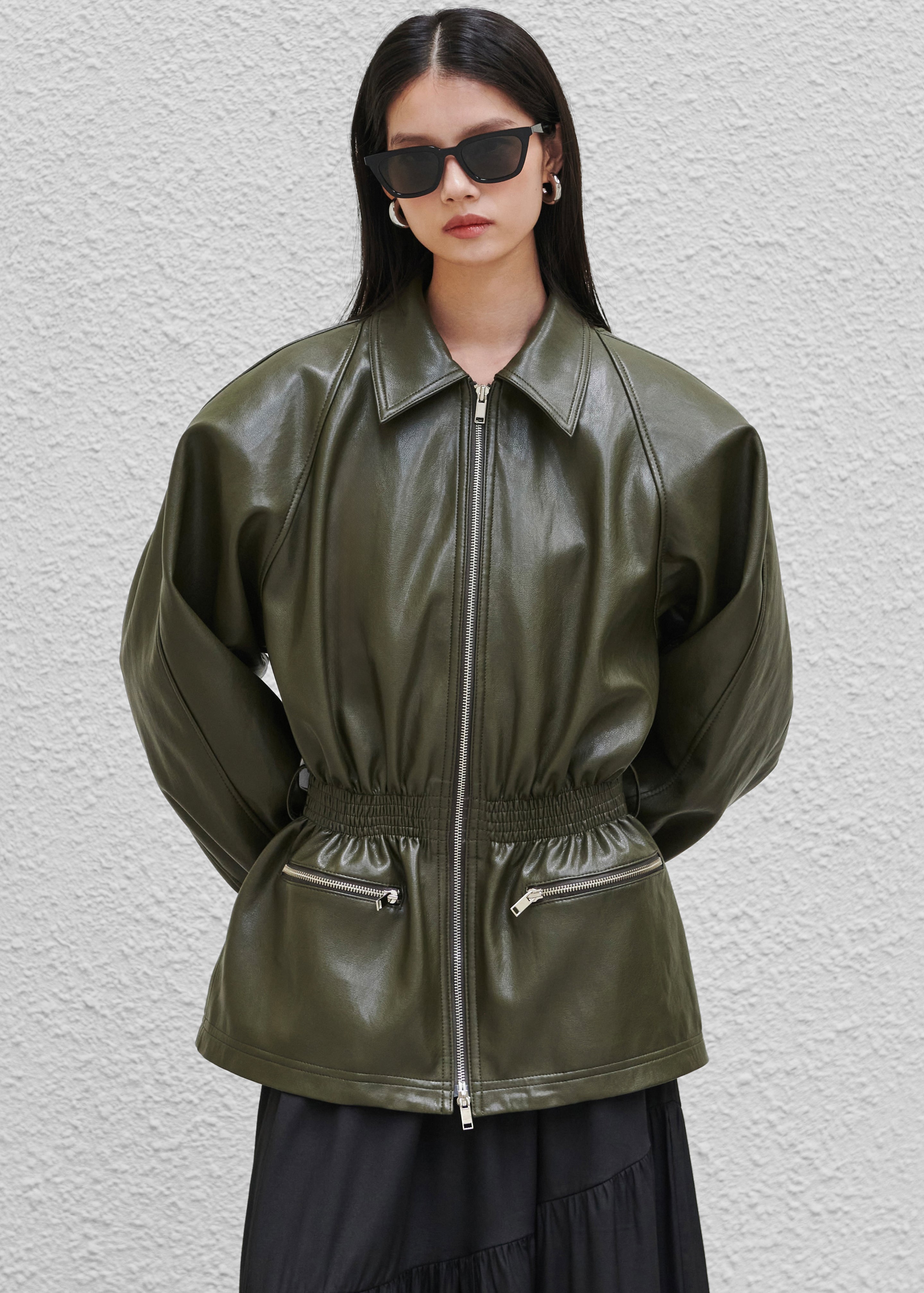 Annette Faux Leather Peplum Jacket - Olive