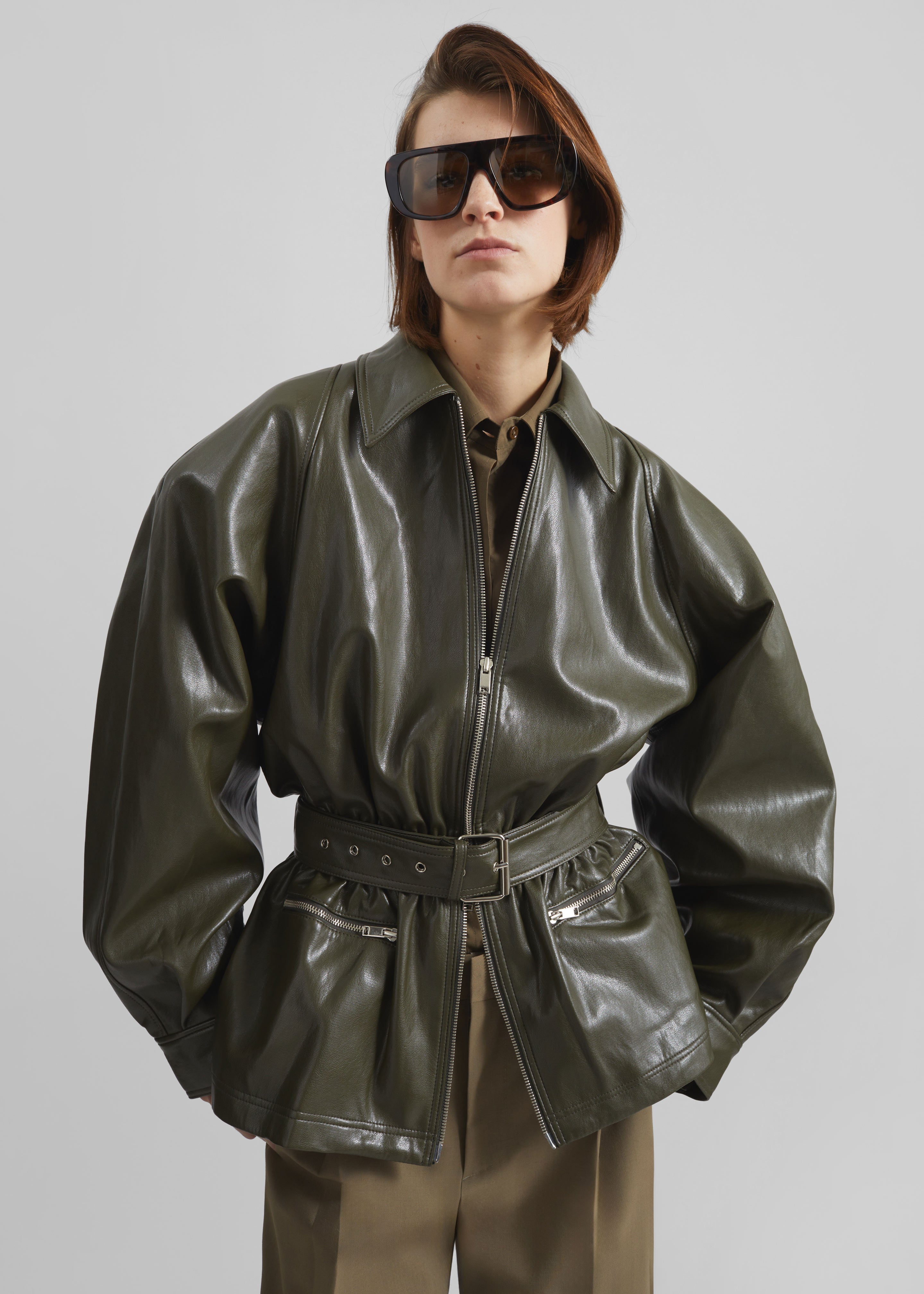 Annette Faux Leather Peplum Jacket - Olive