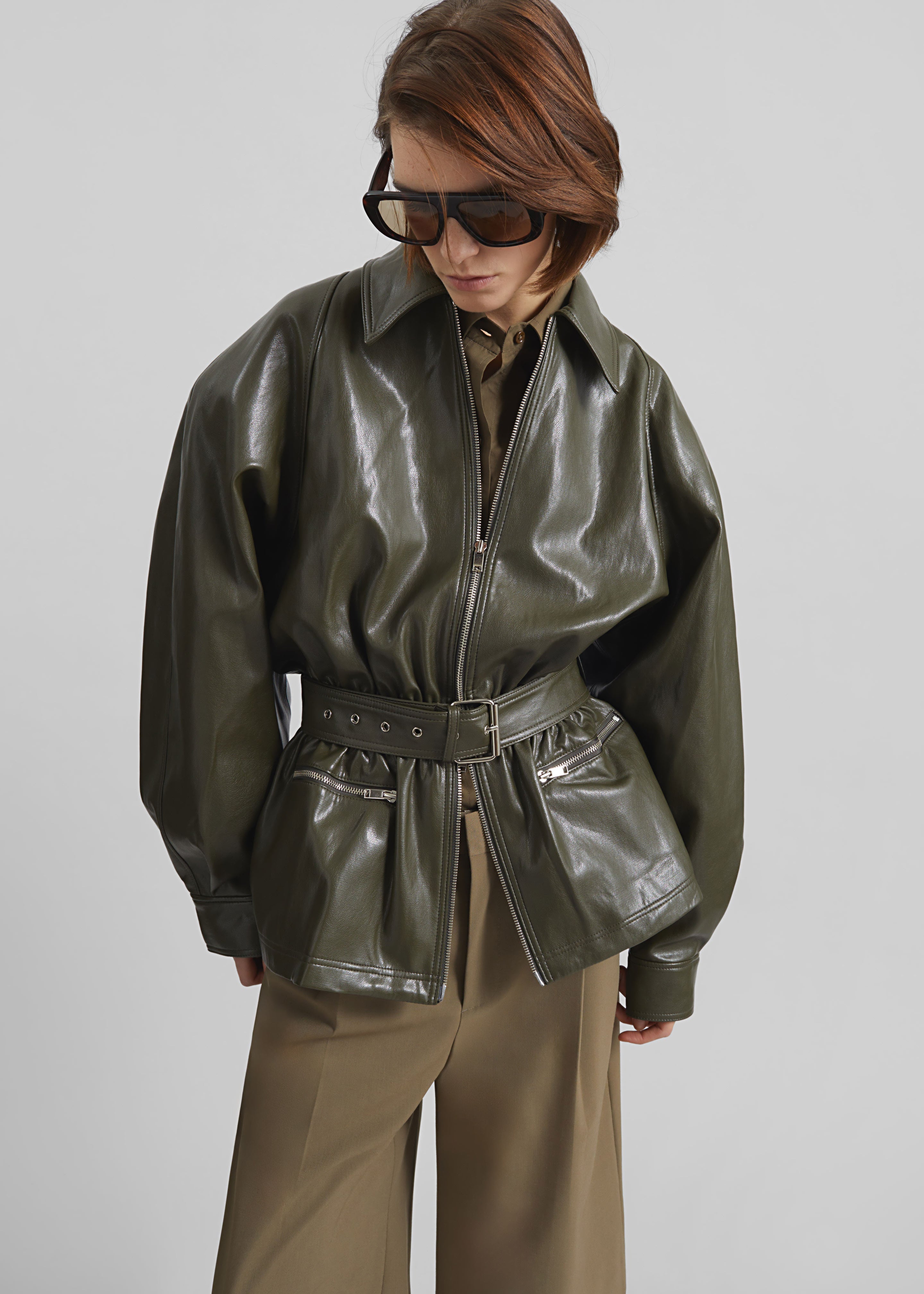 Annette Faux Leather Peplum Jacket - Olive