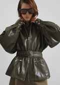 Annette Faux Leather Peplum Jacket - Olive