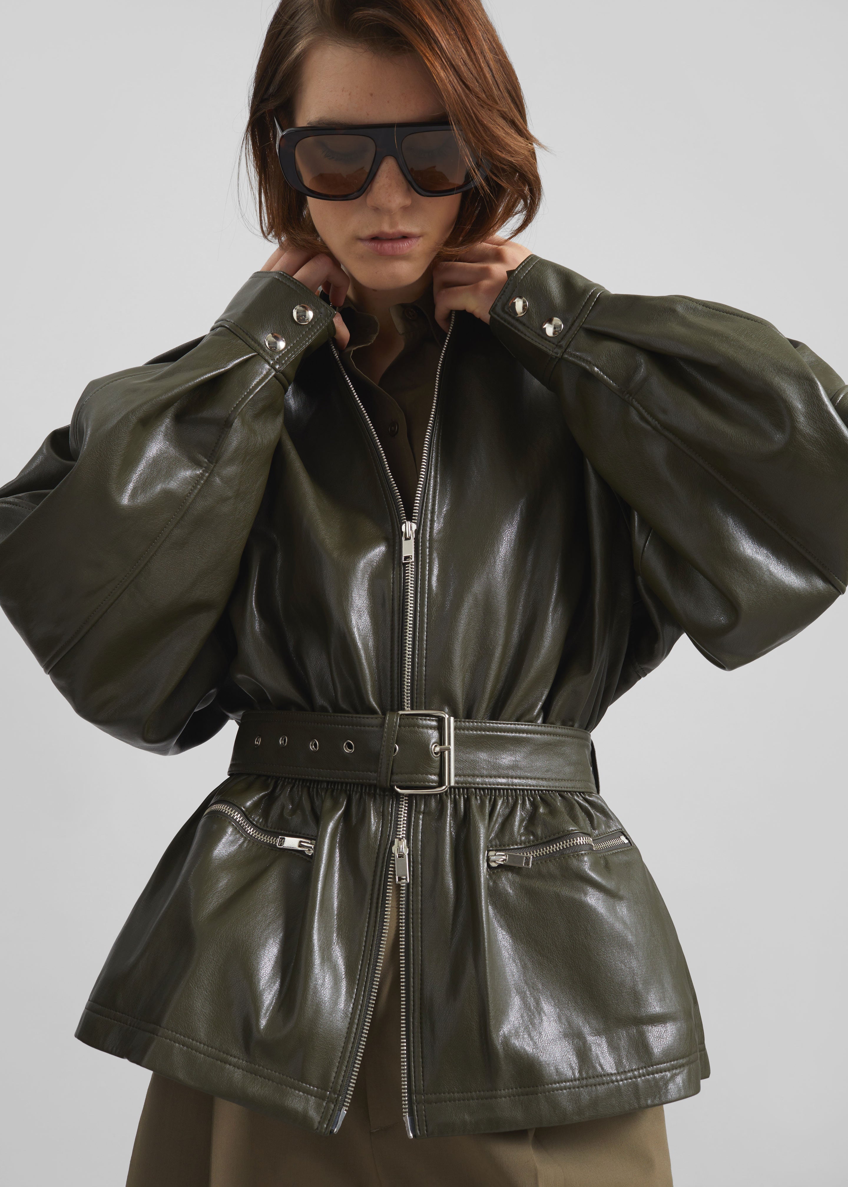 Annette Faux Leather Peplum Jacket - Olive