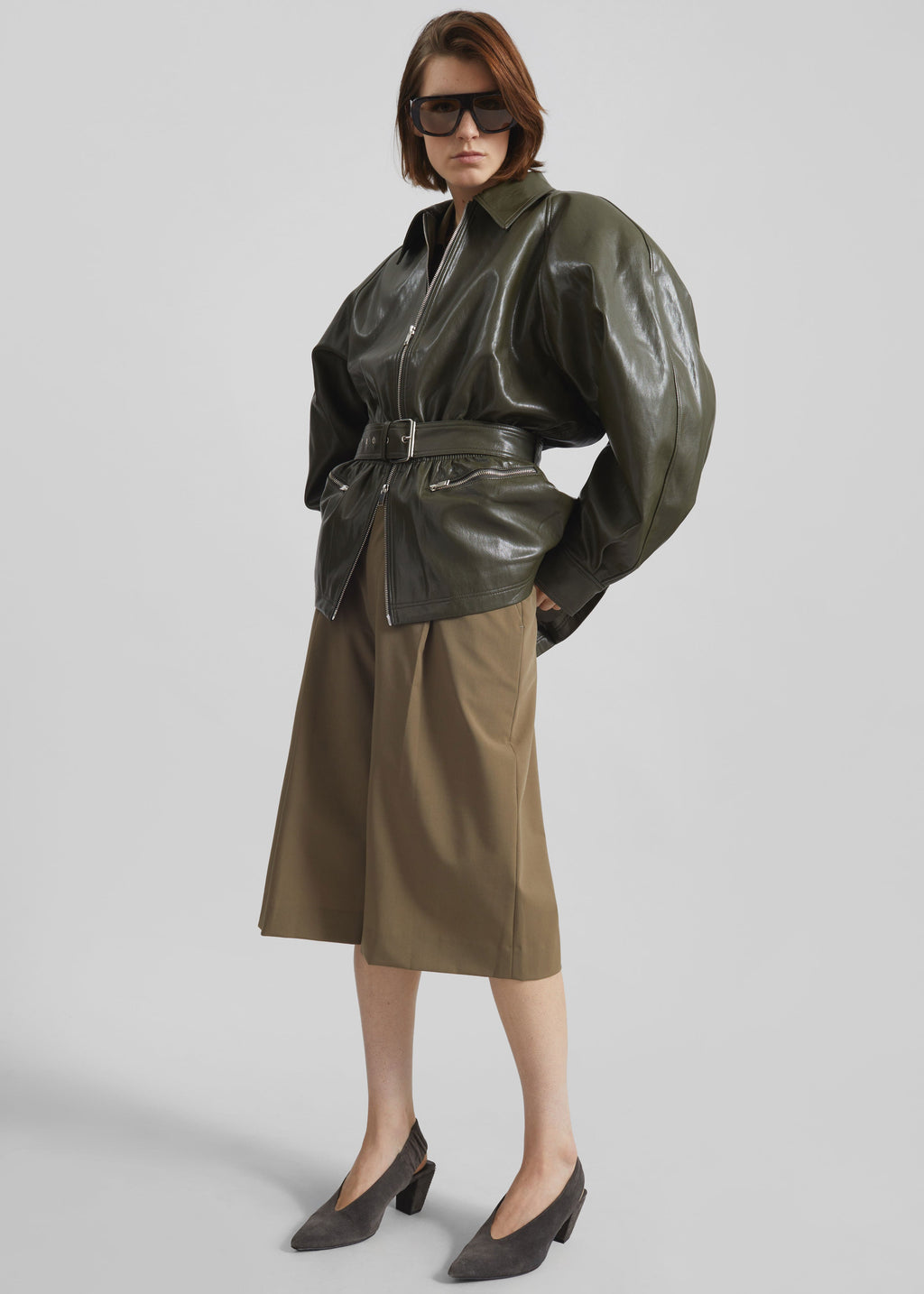 Annette Faux Leather Peplum Jacket - Olive
