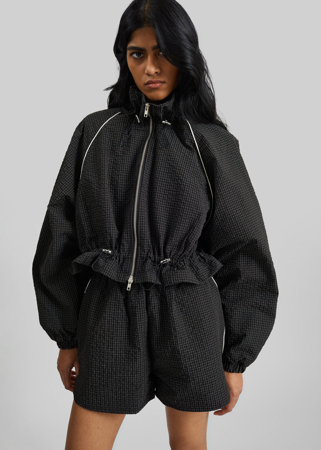 Arizona Seersucker Drawstring Track Jacket - Checked Black