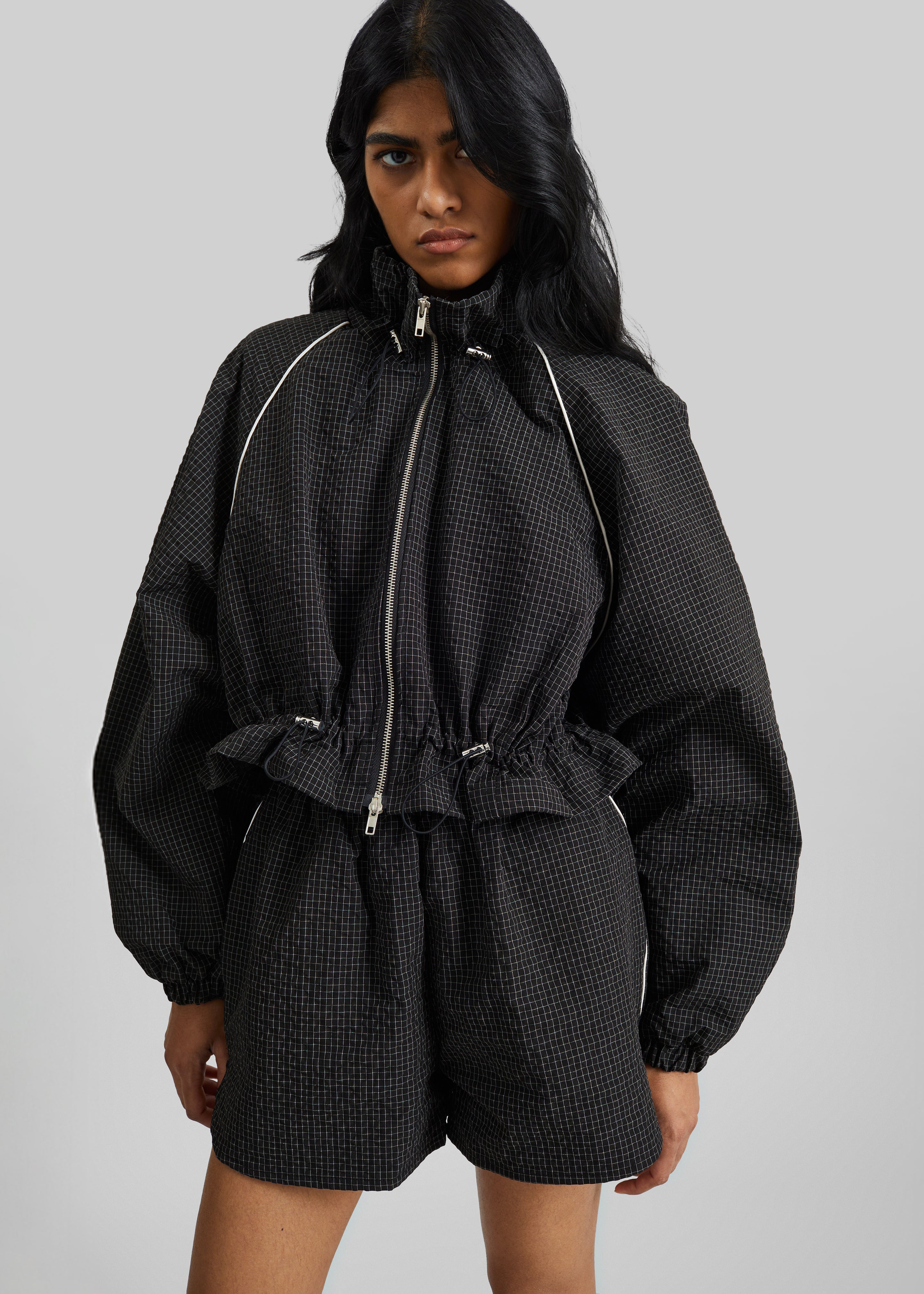 Arizona Seersucker Drawstring Track Jacket - Checked Black