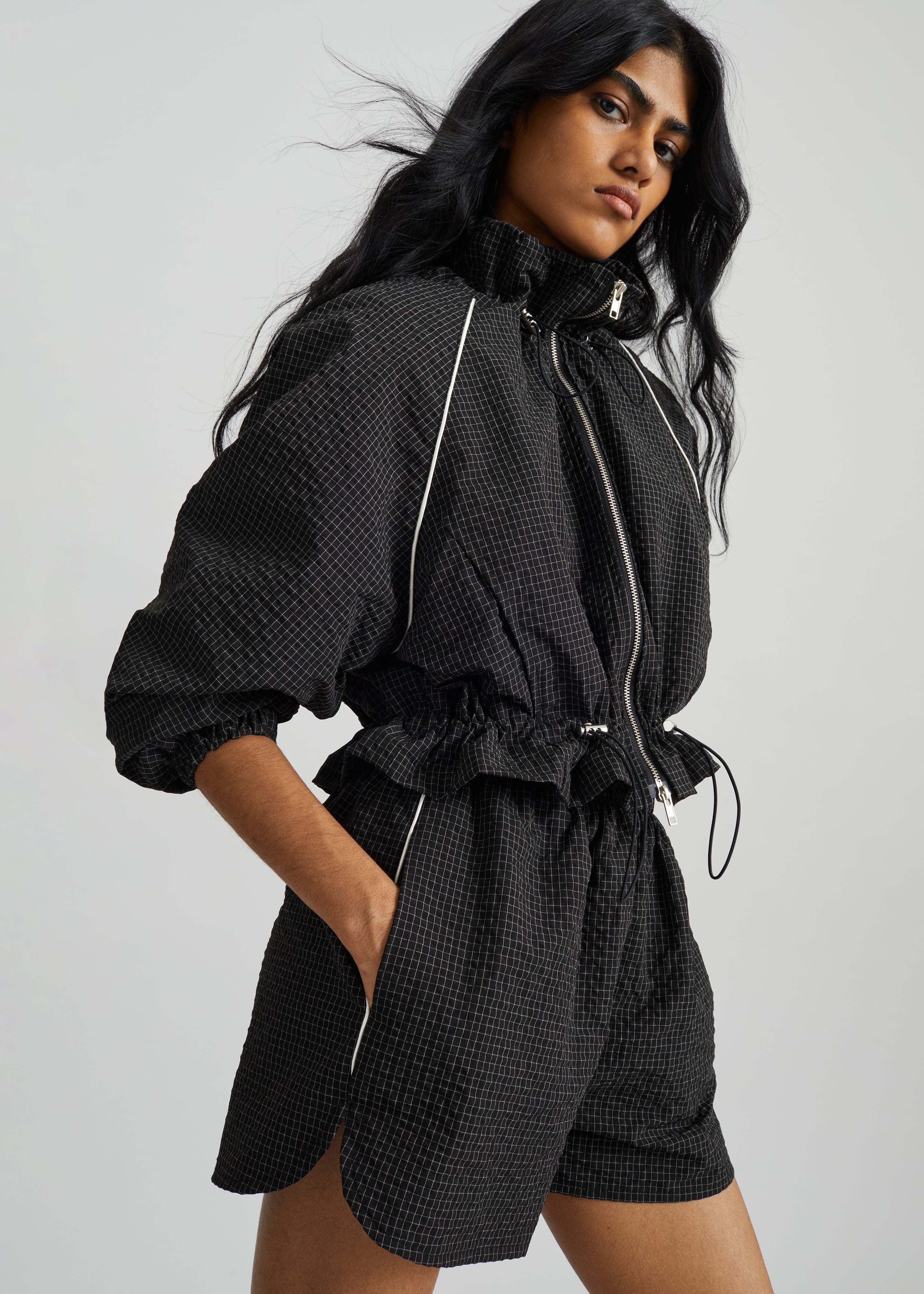 Arizona Seersucker Drawstring Track Jacket - Checked Black