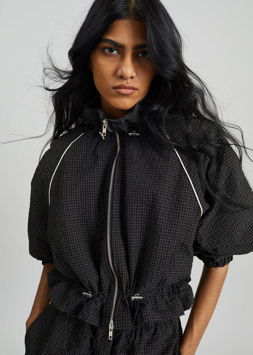 Arizona Seersucker Drawstring Track Jacket - Checked Black