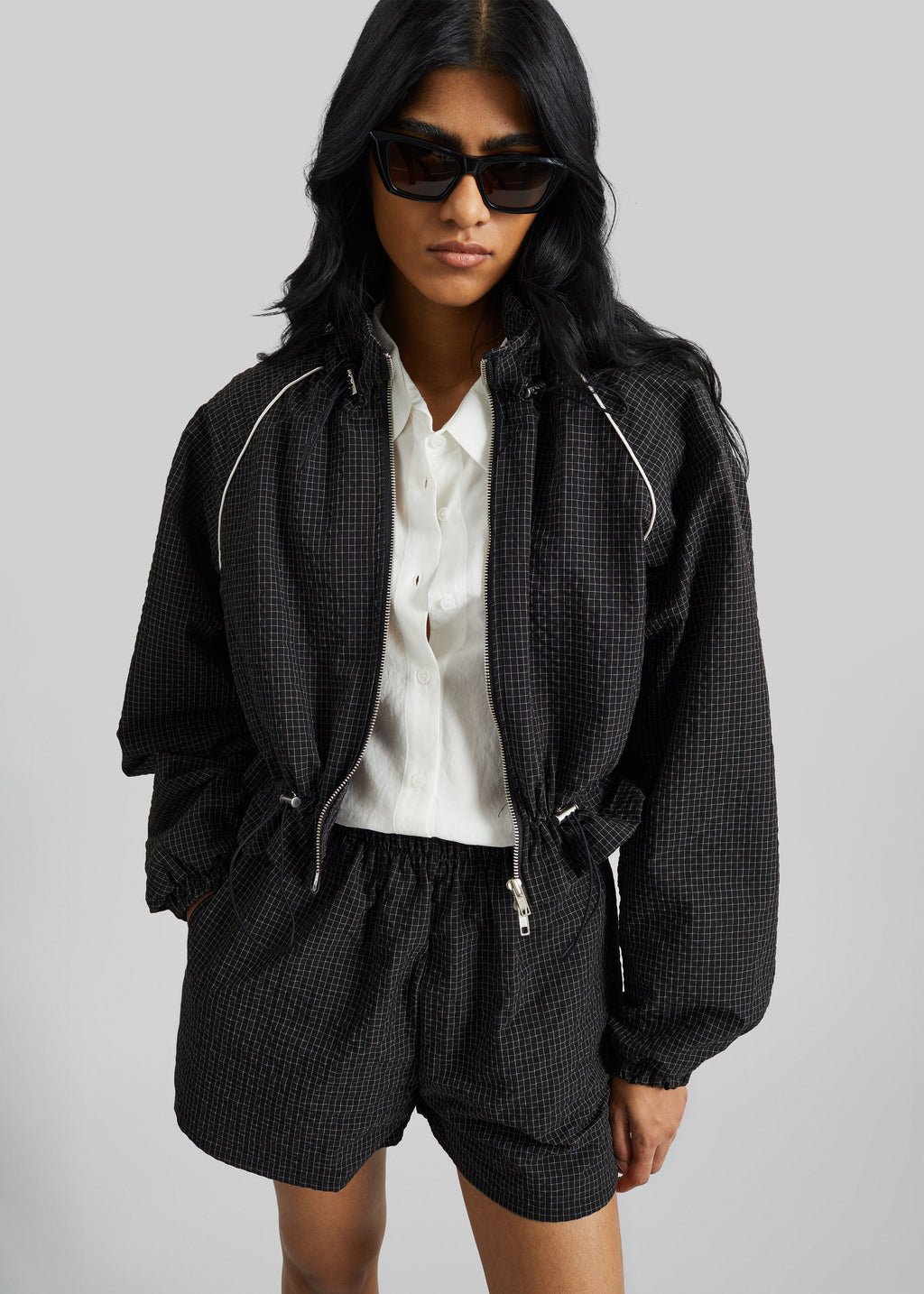 Arizona Seersucker Drawstring Track Jacket - Checked Black