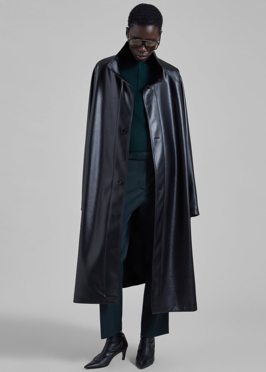 Calen Faux Leather Trench Coat - Black