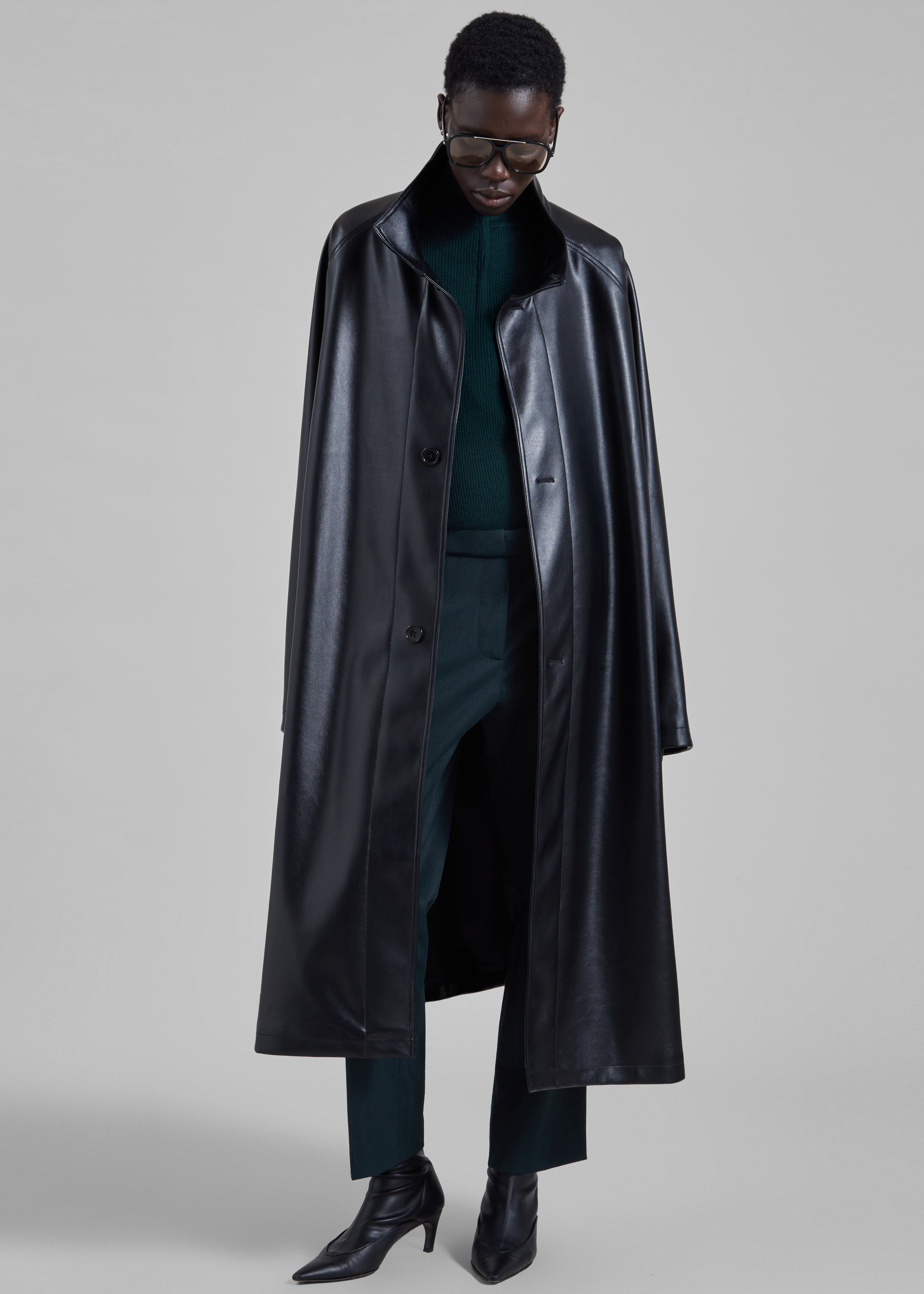 Calen Faux Leather Trench Coat - Black