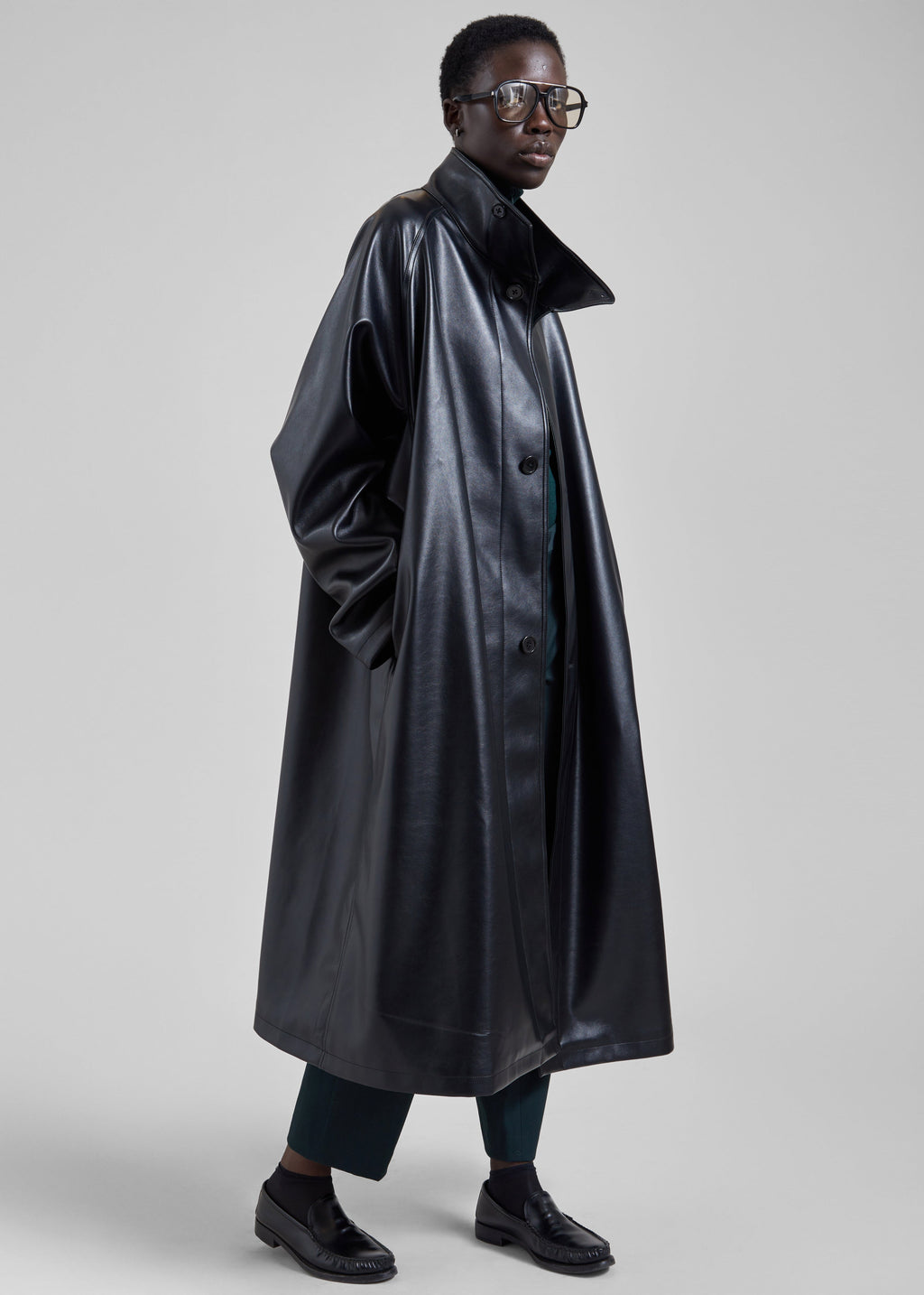 Calen Faux Leather Trench Coat - Black
