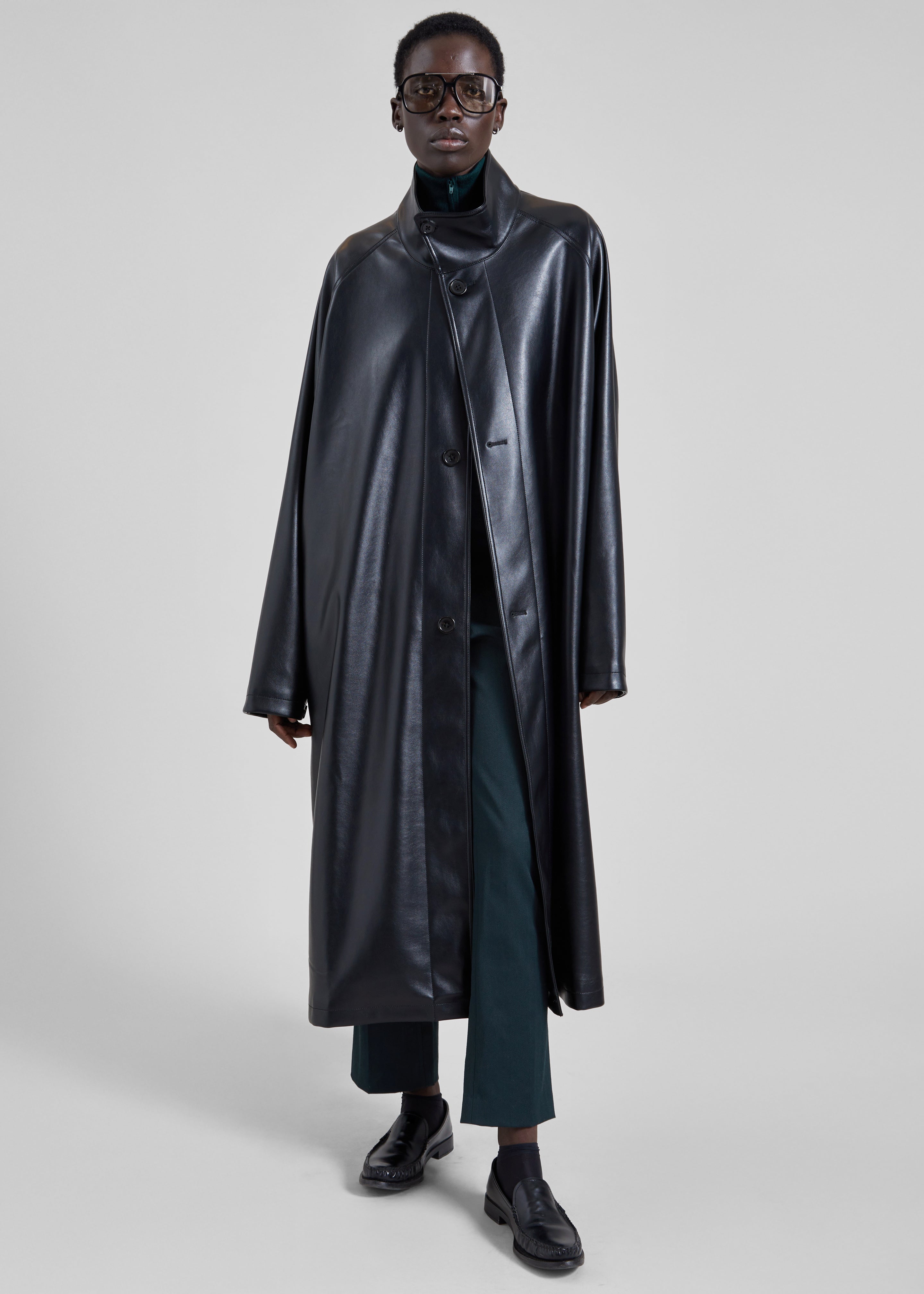 Calen Faux Leather Trench Coat - Black