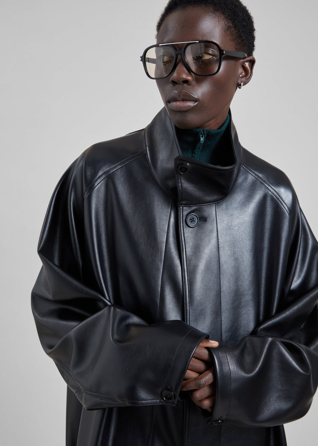 Calen Faux Leather Trench Coat - Black