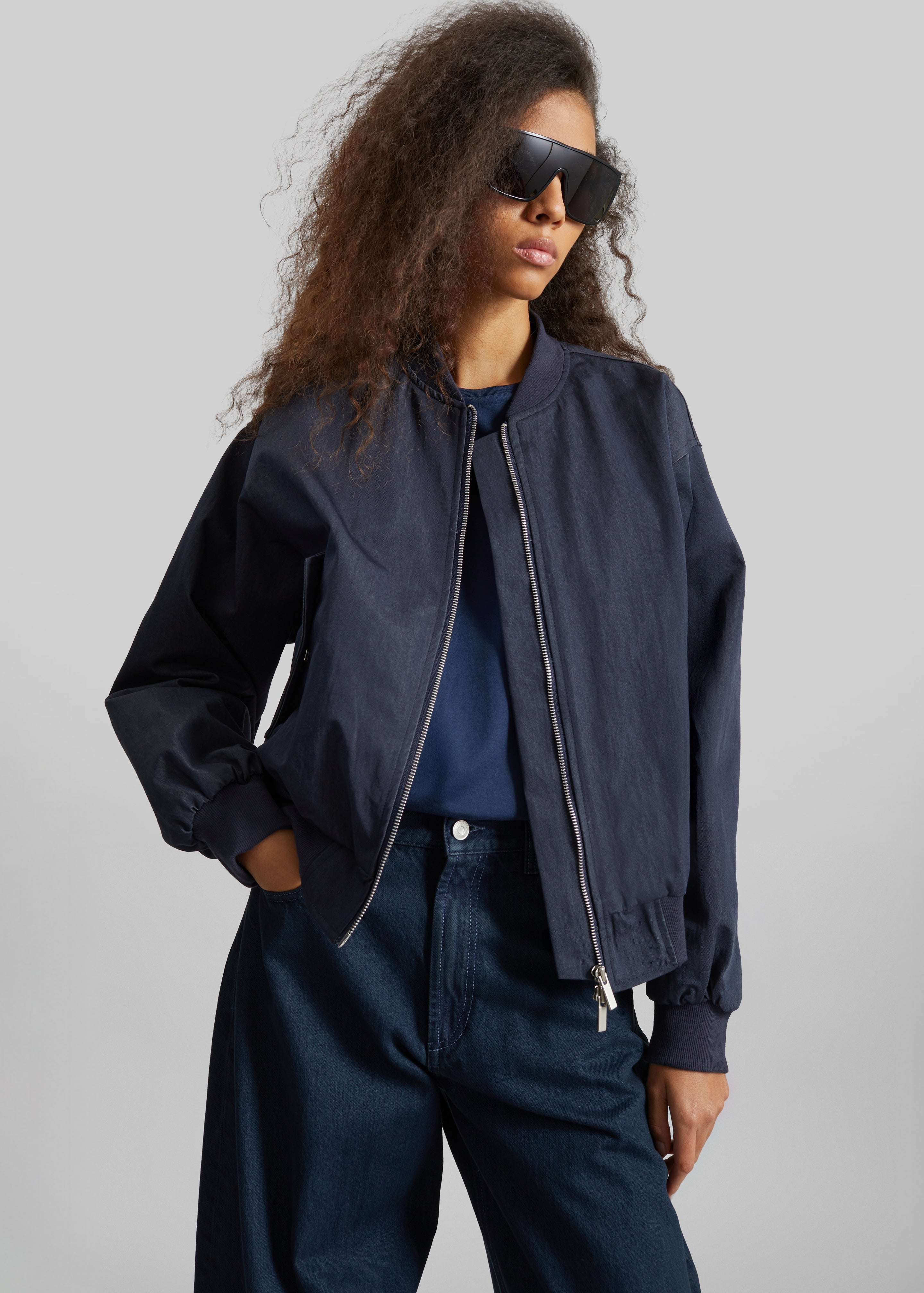 Davron Denim Effect Bomber Jacket - Dark Navy