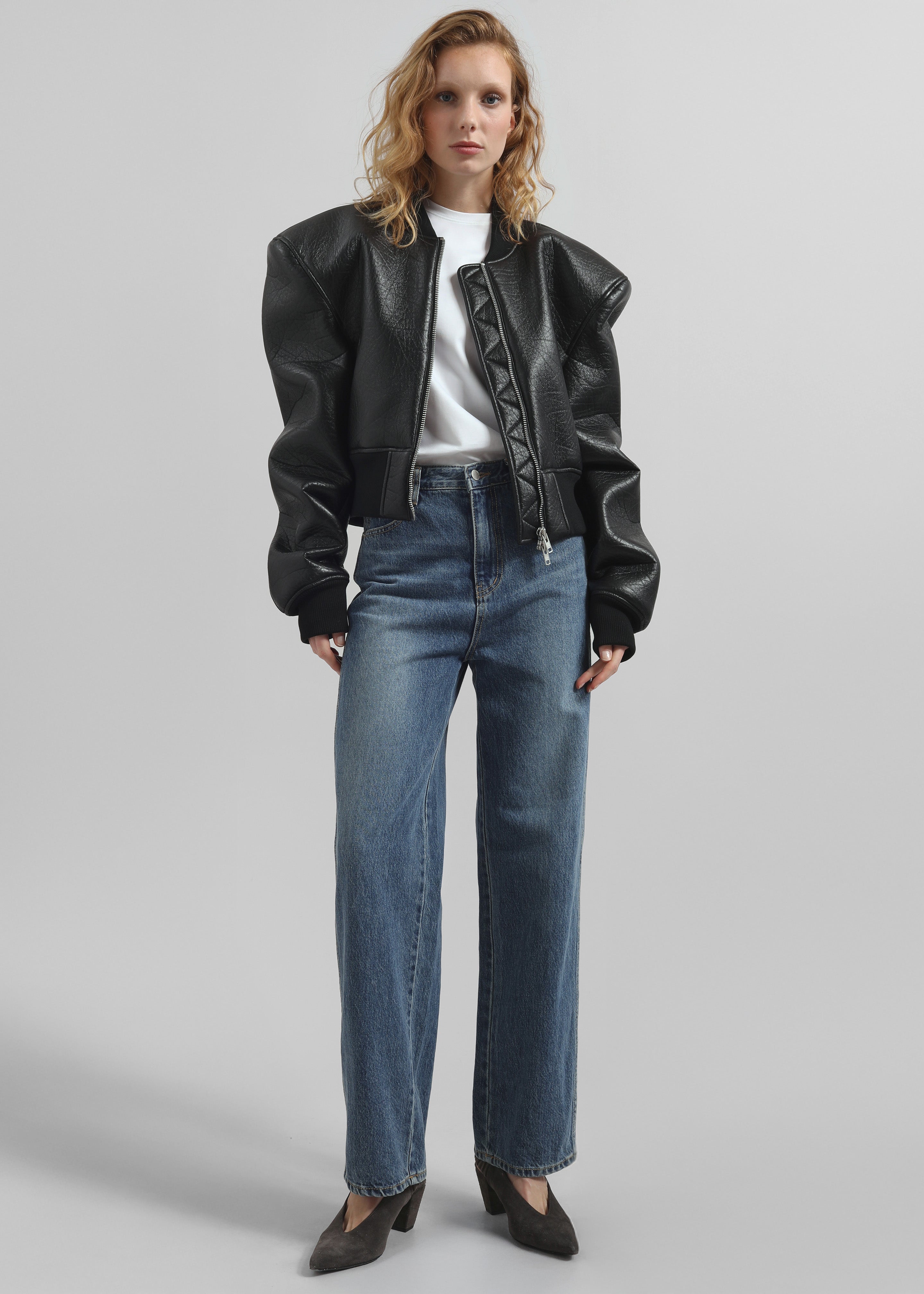 Glane Faux Leather Bomber Jacket - Black