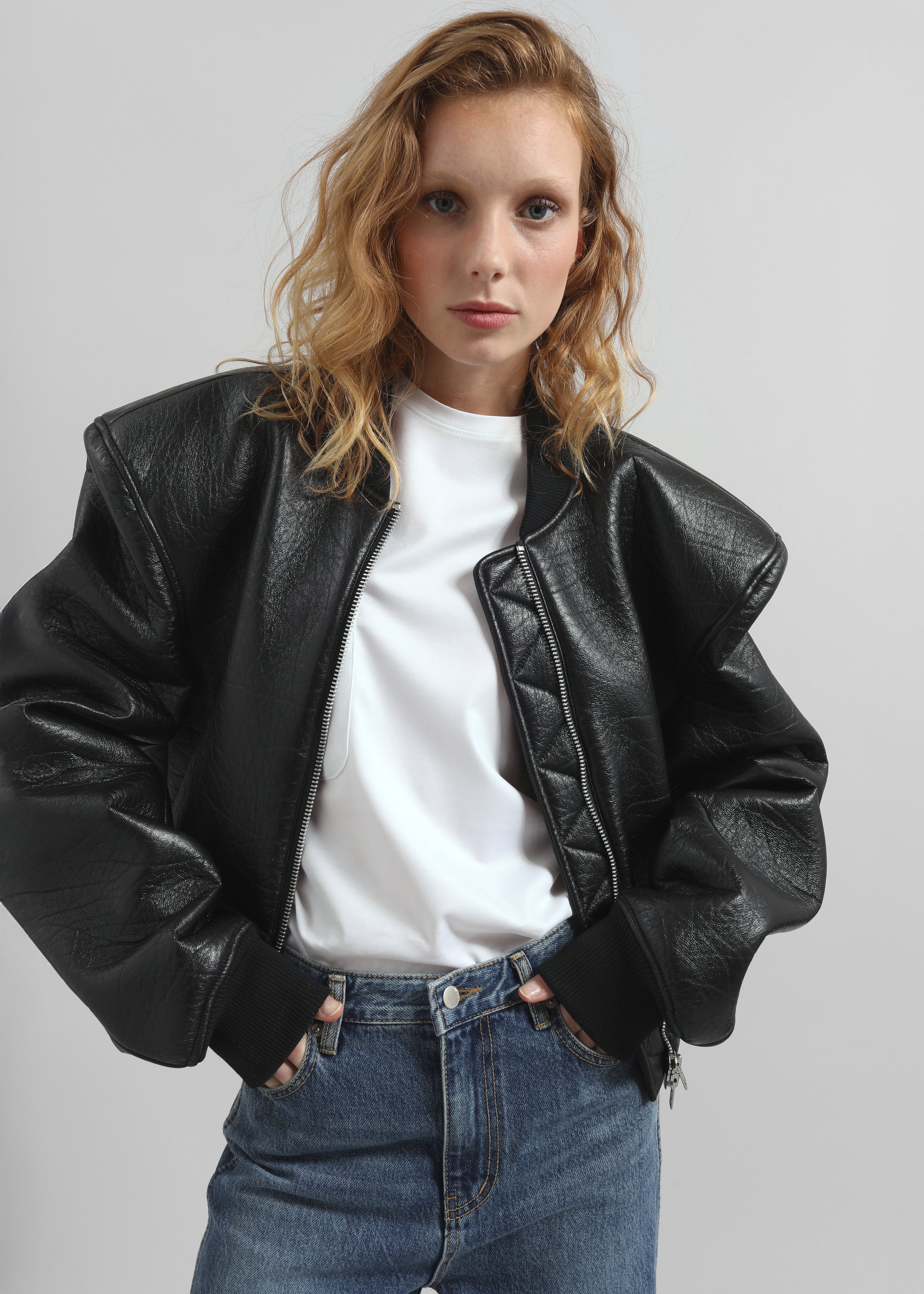 Glane Faux Leather Bomber Jacket - Black