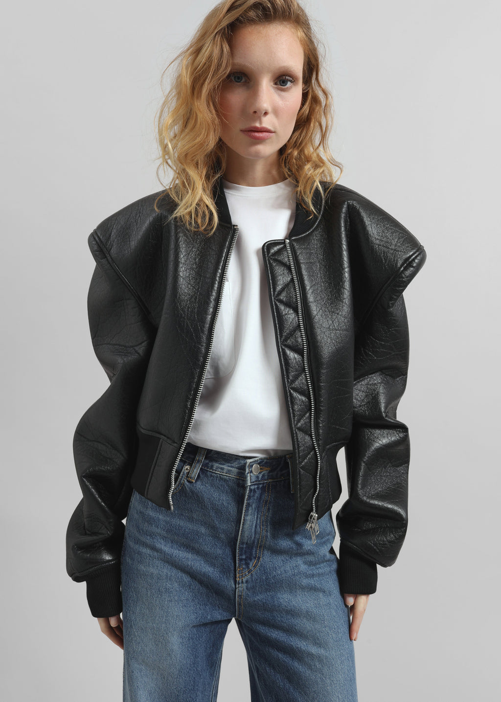 Glane Faux Leather Bomber Jacket - Black