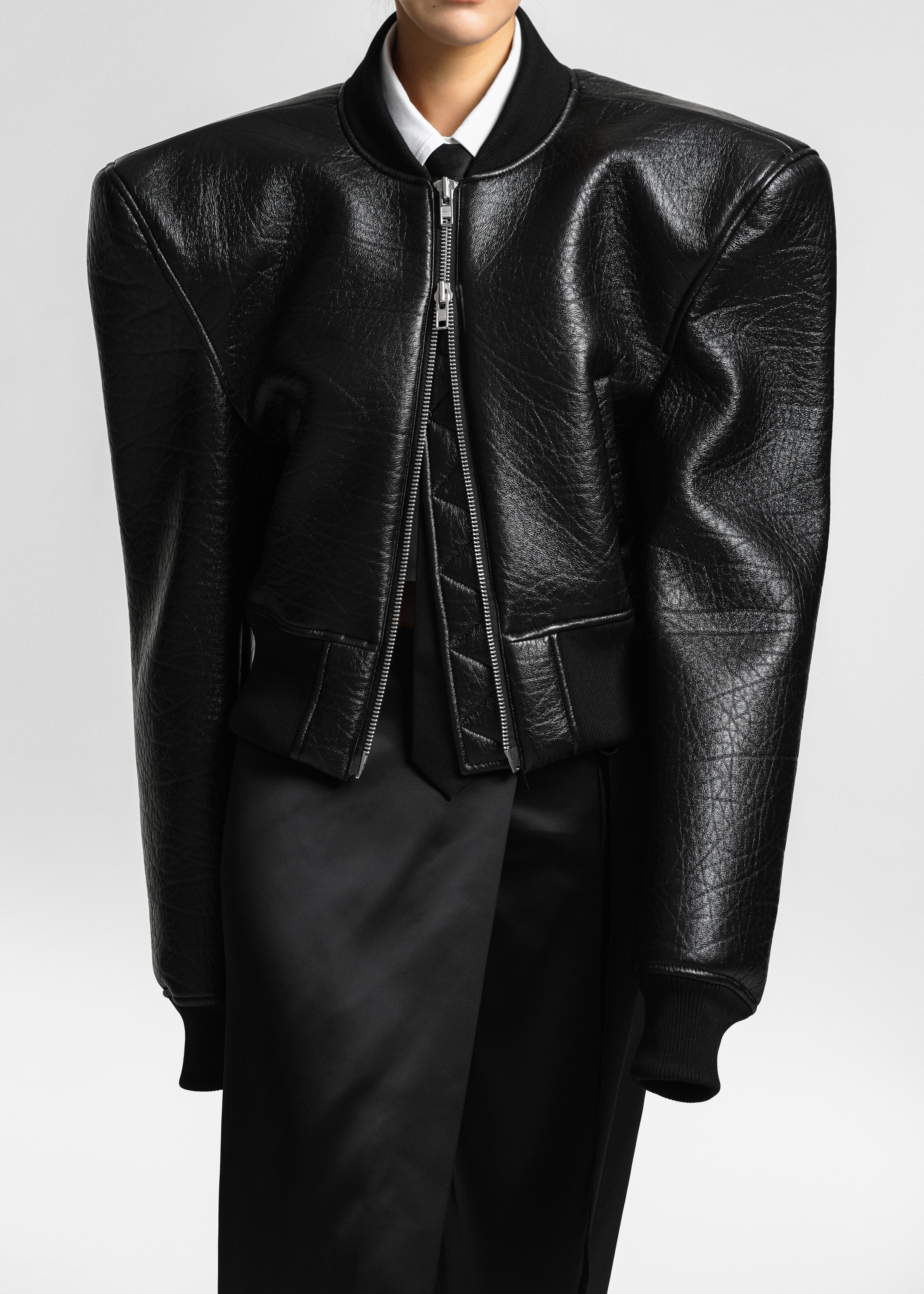 Glane Faux Leather Bomber Jacket - Black