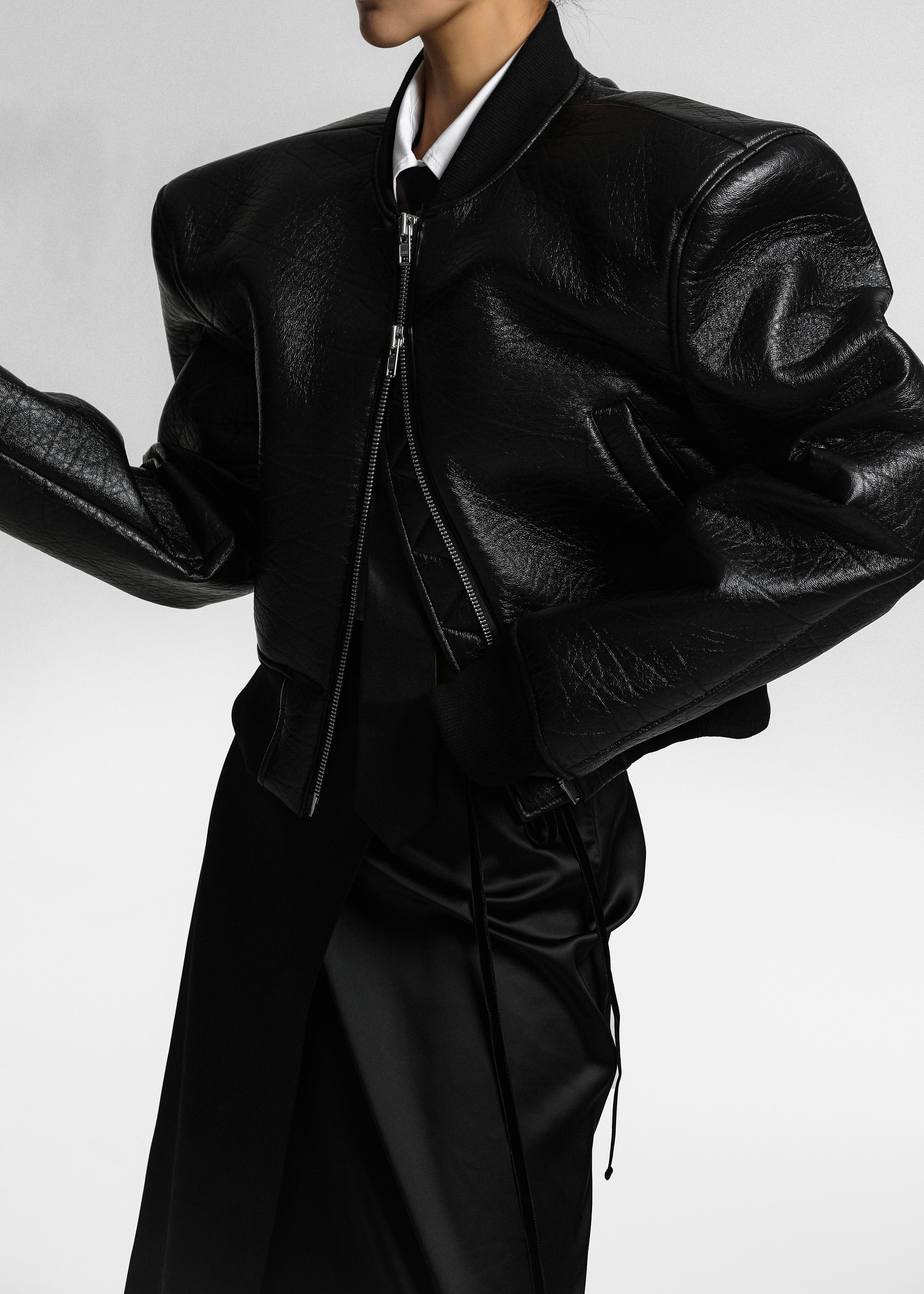 Glane Faux Leather Bomber Jacket - Black