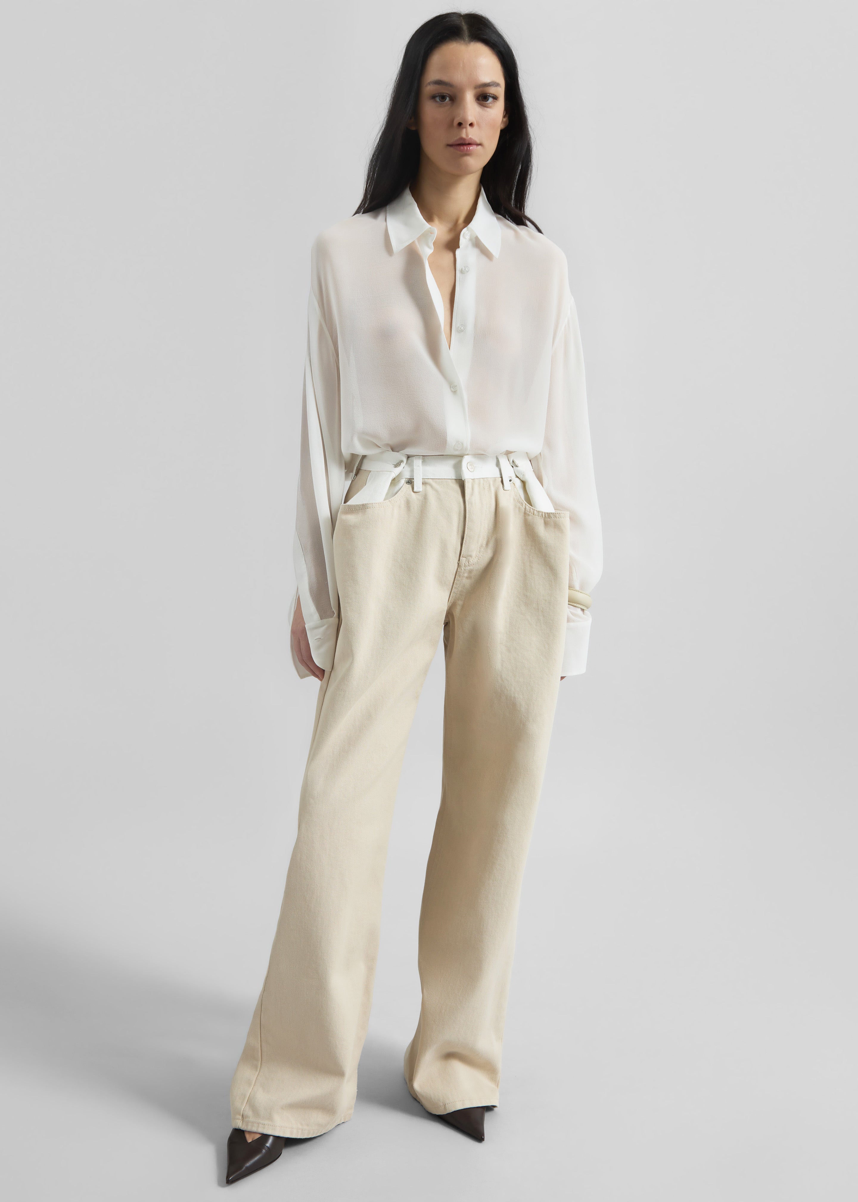 Hayla Contrast Denim Pants - Beige/Off White