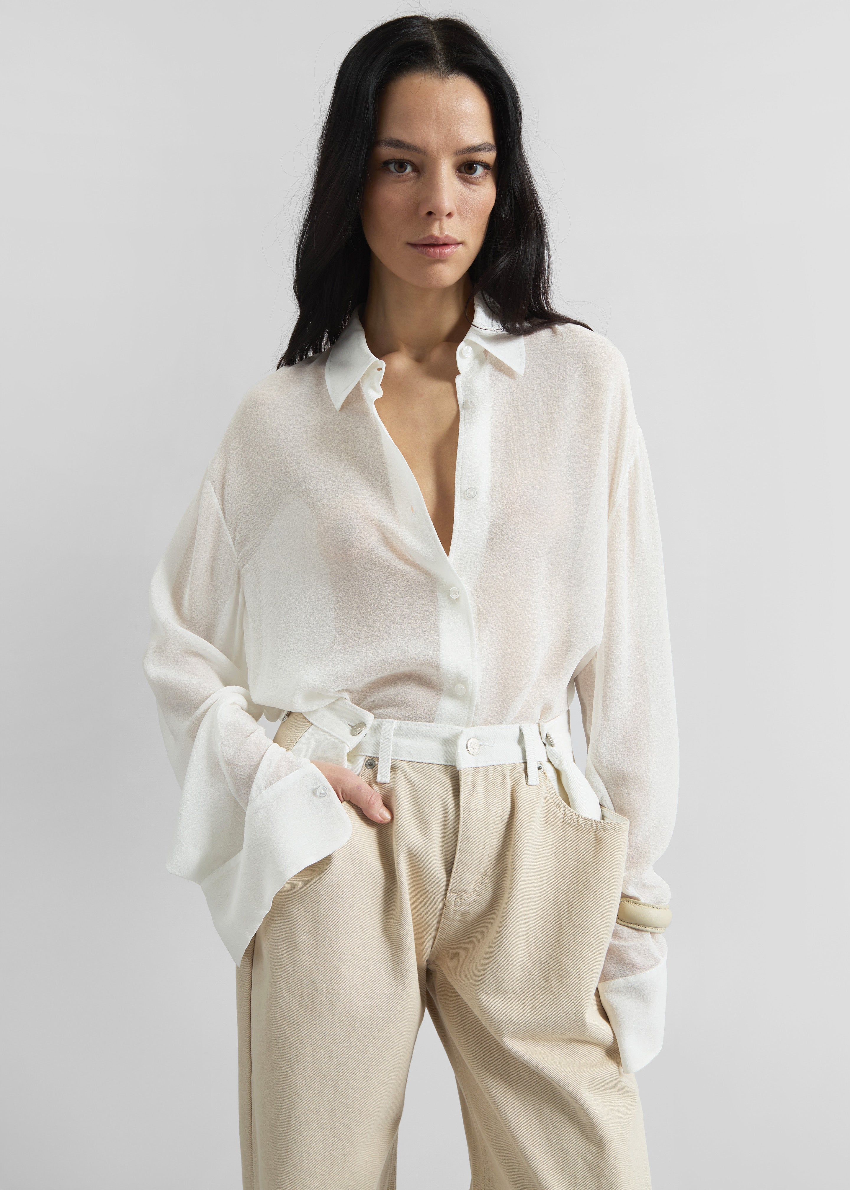 Hayla Contrast Denim Pants - Beige/Off White