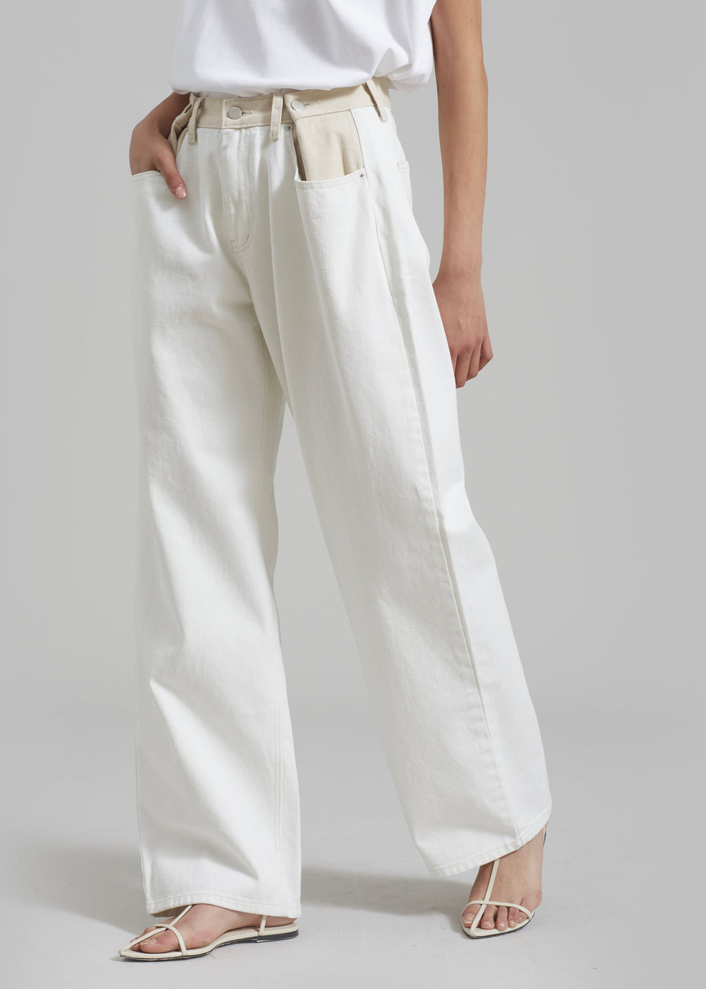 Hayla Contrast Denim Pants - Off White/Beige