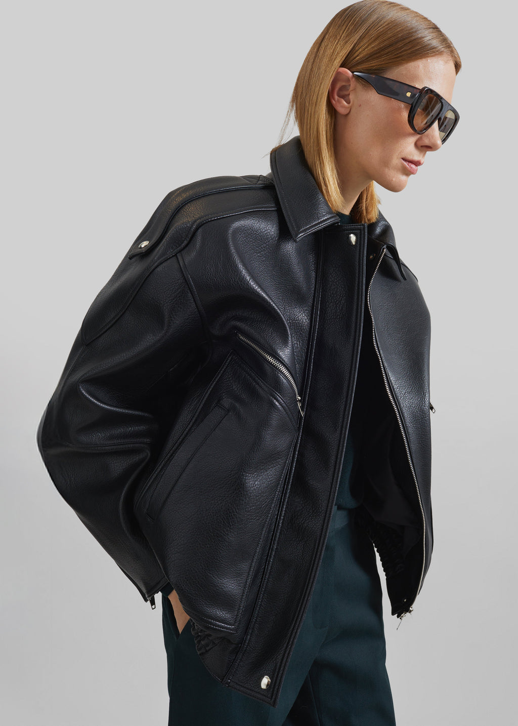 Hudson Faux Leather Bomber Jacket - Black