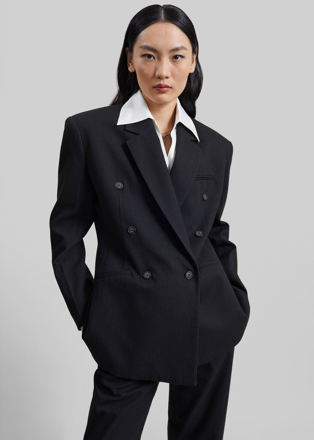 Jade Double-Breasted Blazer - Black/White Pinstripe