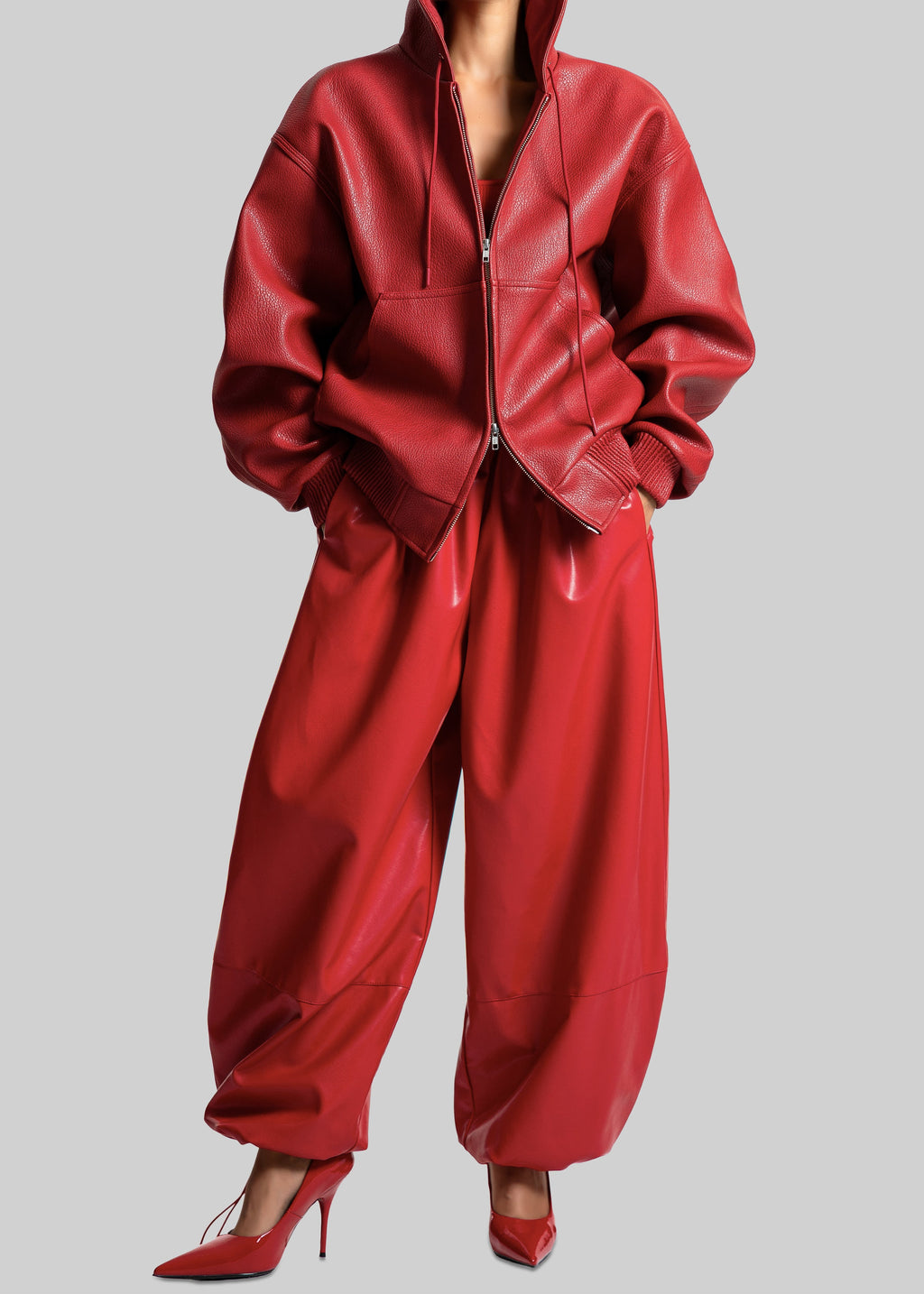 Kodai Faux Leather Bomber Jacket - Red