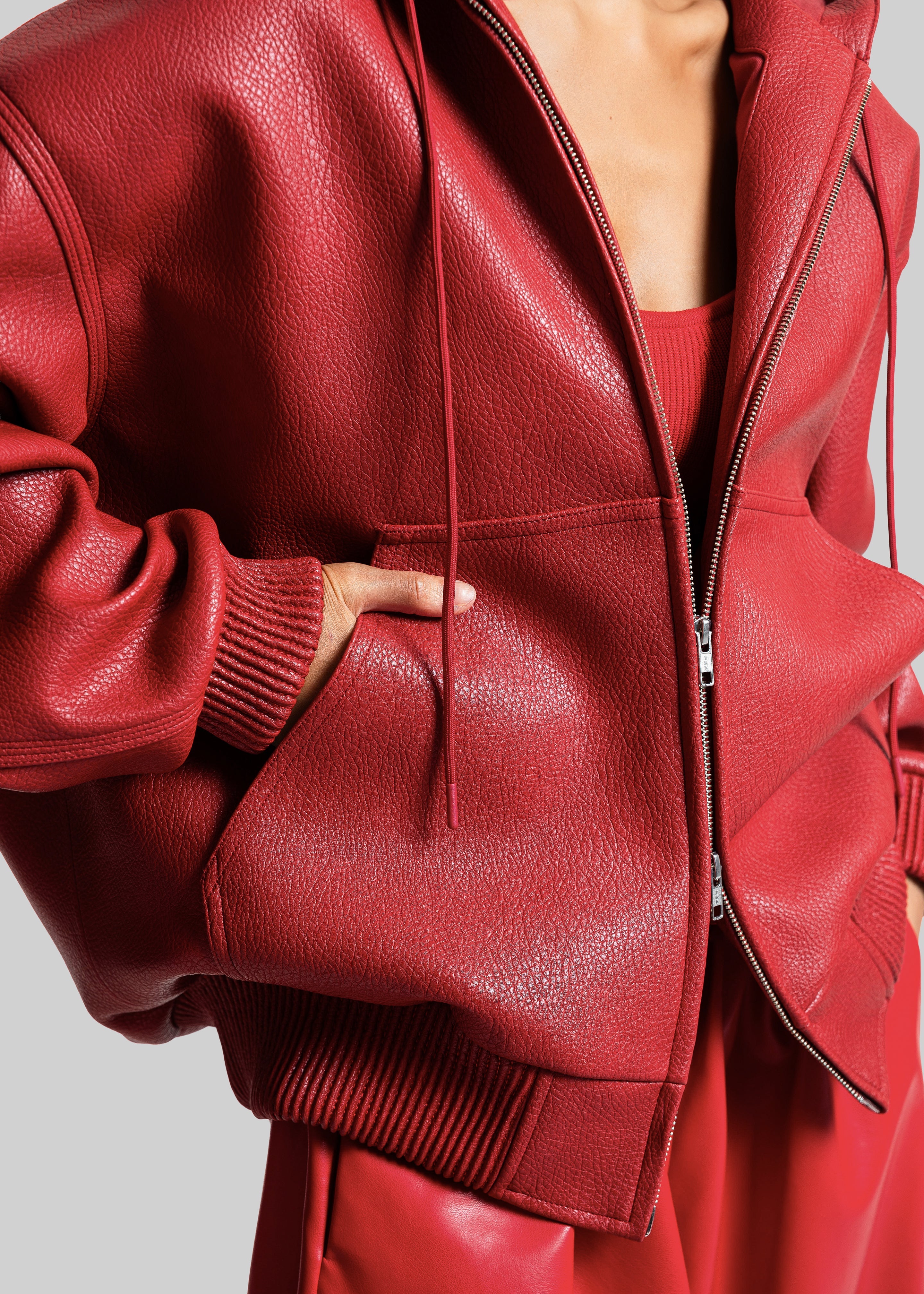 Kodai Faux Leather Bomber Jacket - Red