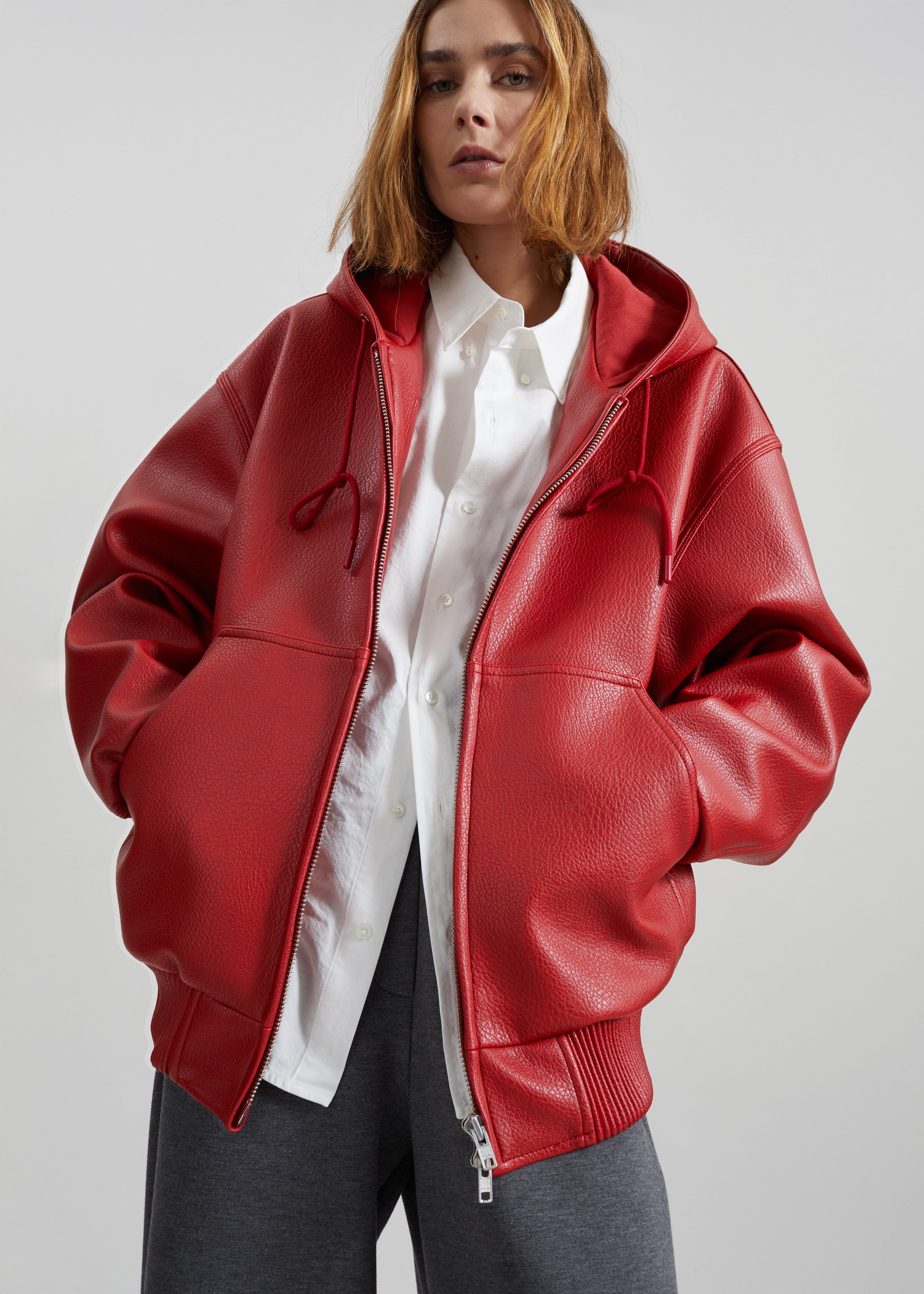 Kodai Faux Leather Bomber Jacket - Red