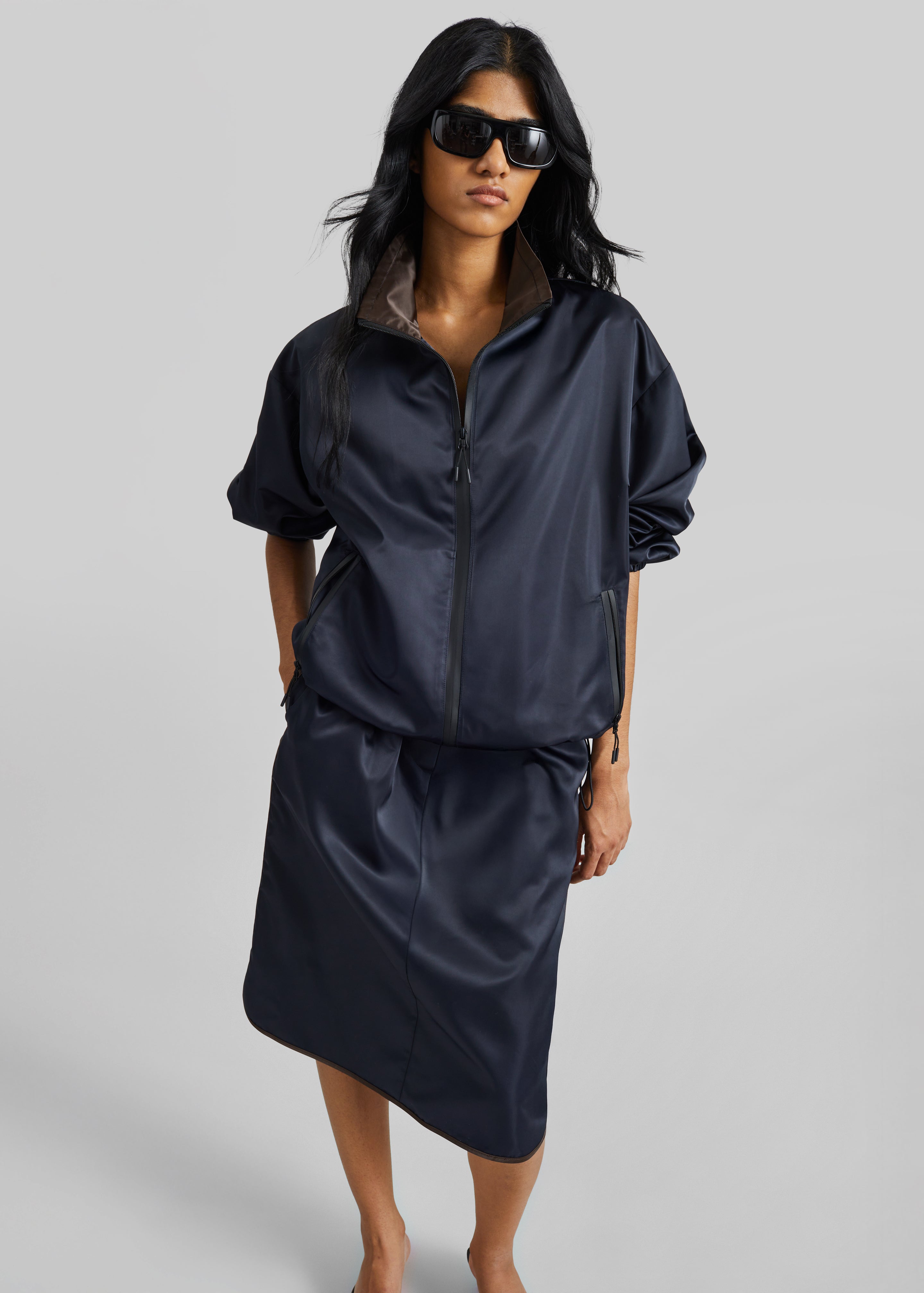 Munich Contrast Piping Midi Skirt - Navy