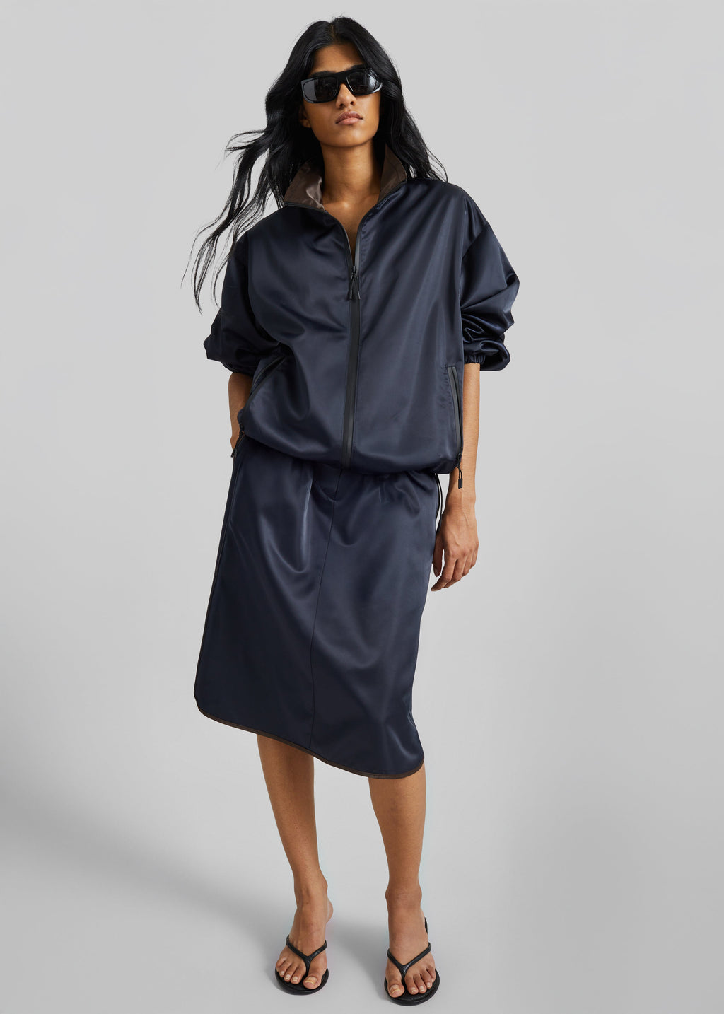 Munich Contrast Piping Midi Skirt - Navy