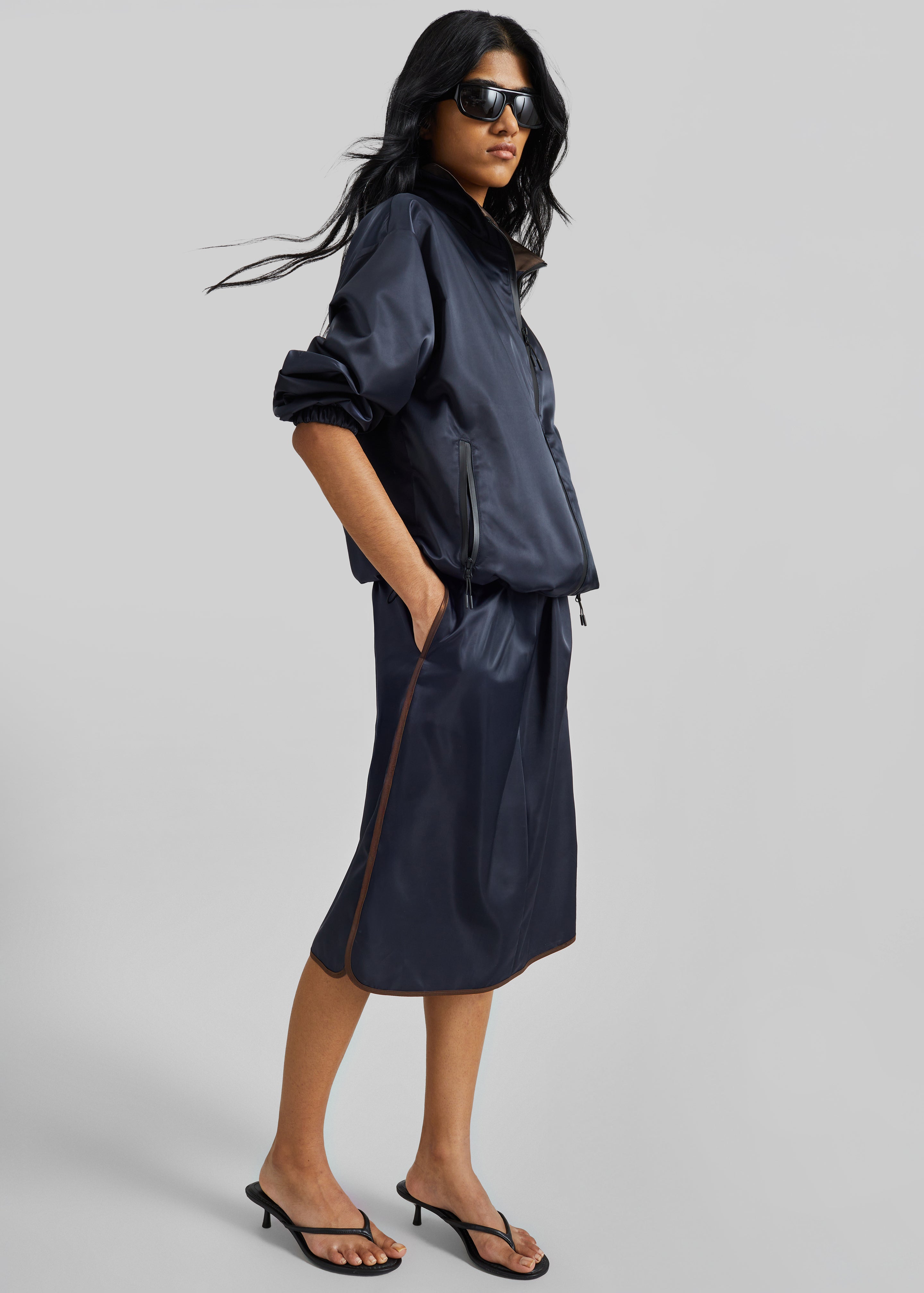 Munich Contrast Piping Midi Skirt - Navy