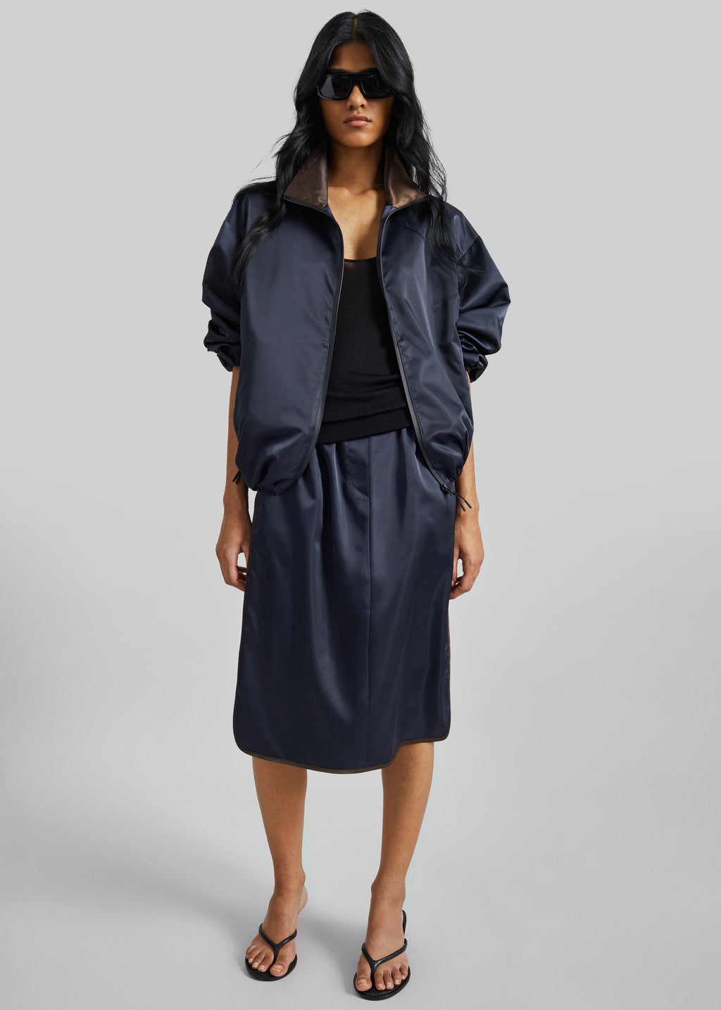 Munich Contrast Piping Midi Skirt - Navy