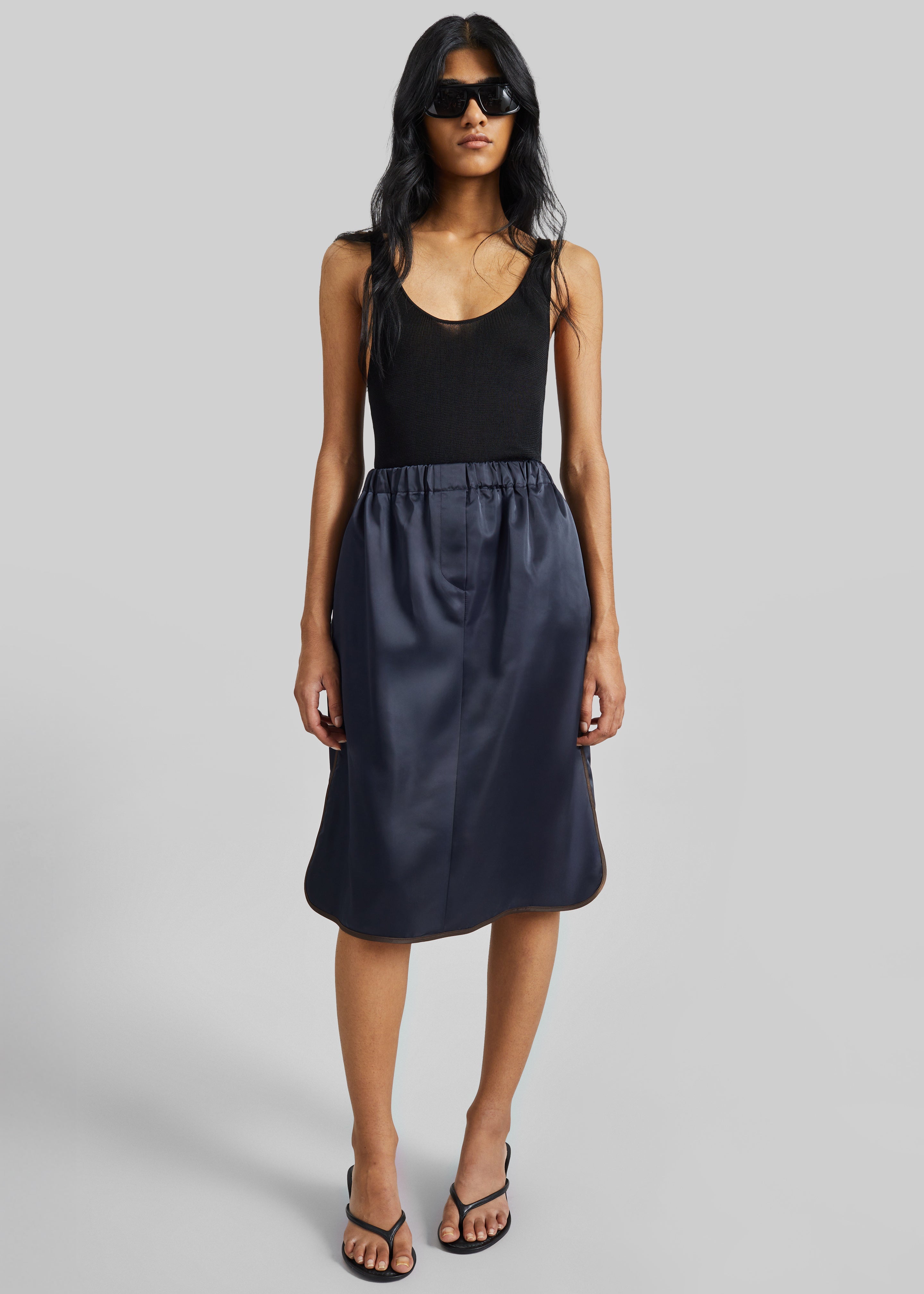 Munich Contrast Piping Midi Skirt - Navy