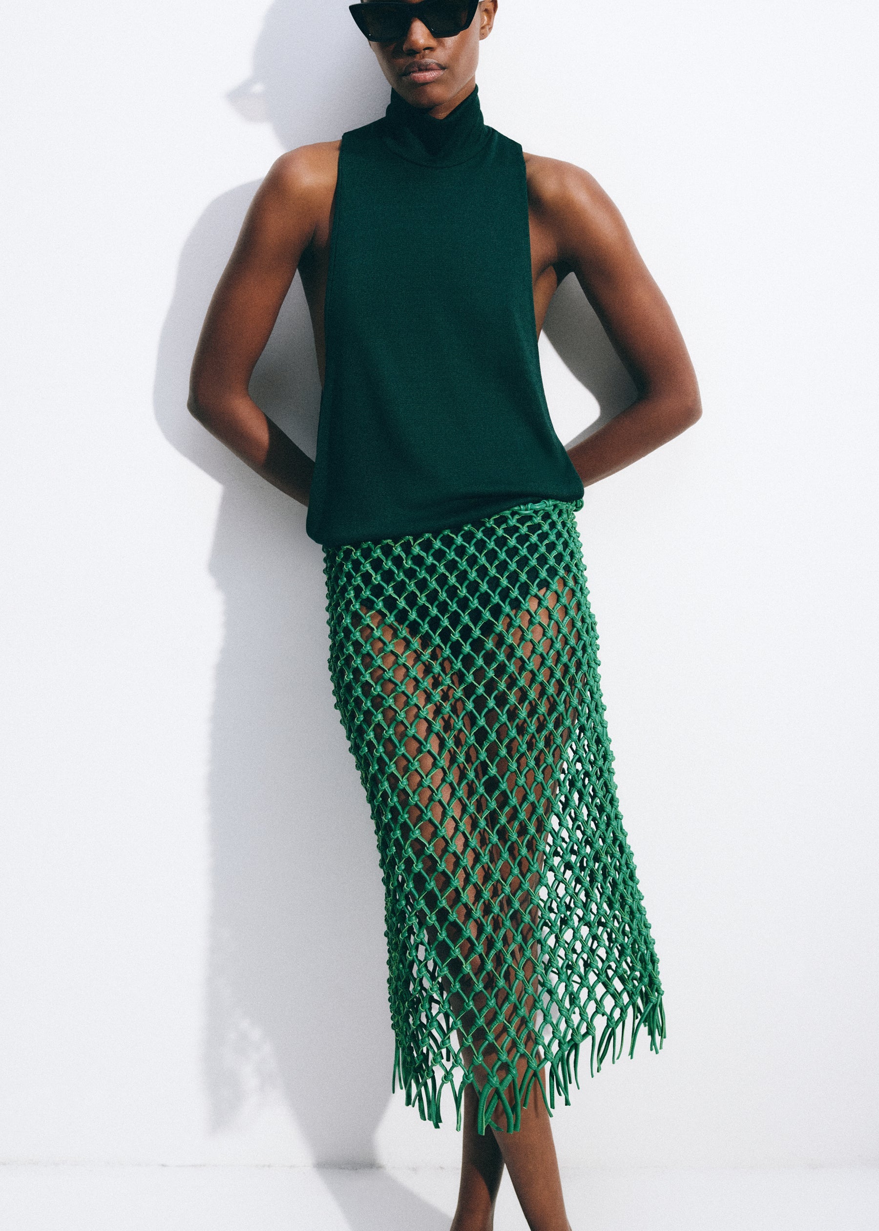 Nelaya Leather Macrame Skirt - Emerald