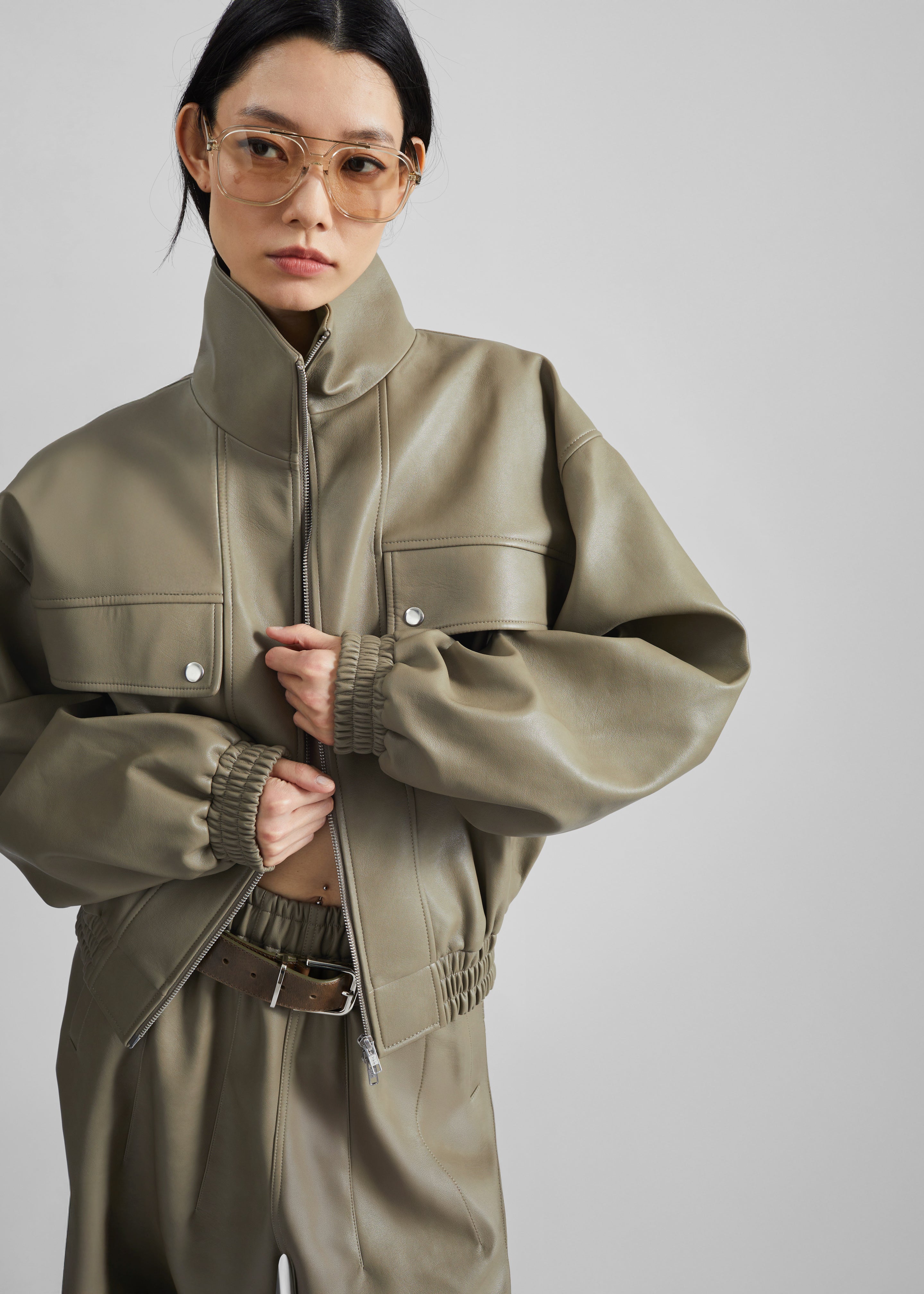 Nolita Faux Leather Bomber Jacket - Sage