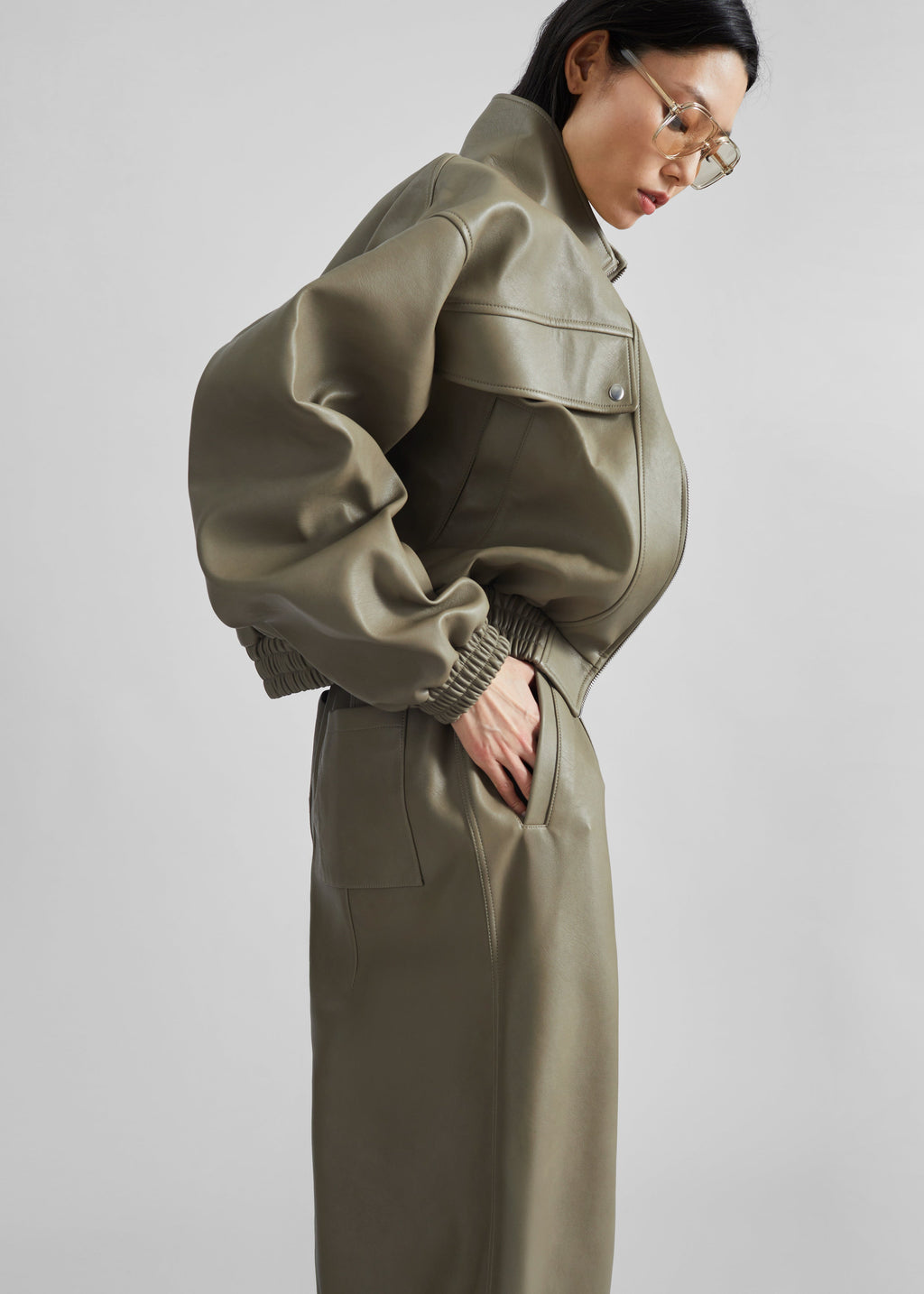 Nolita Faux Leather Bomber Jacket - Sage