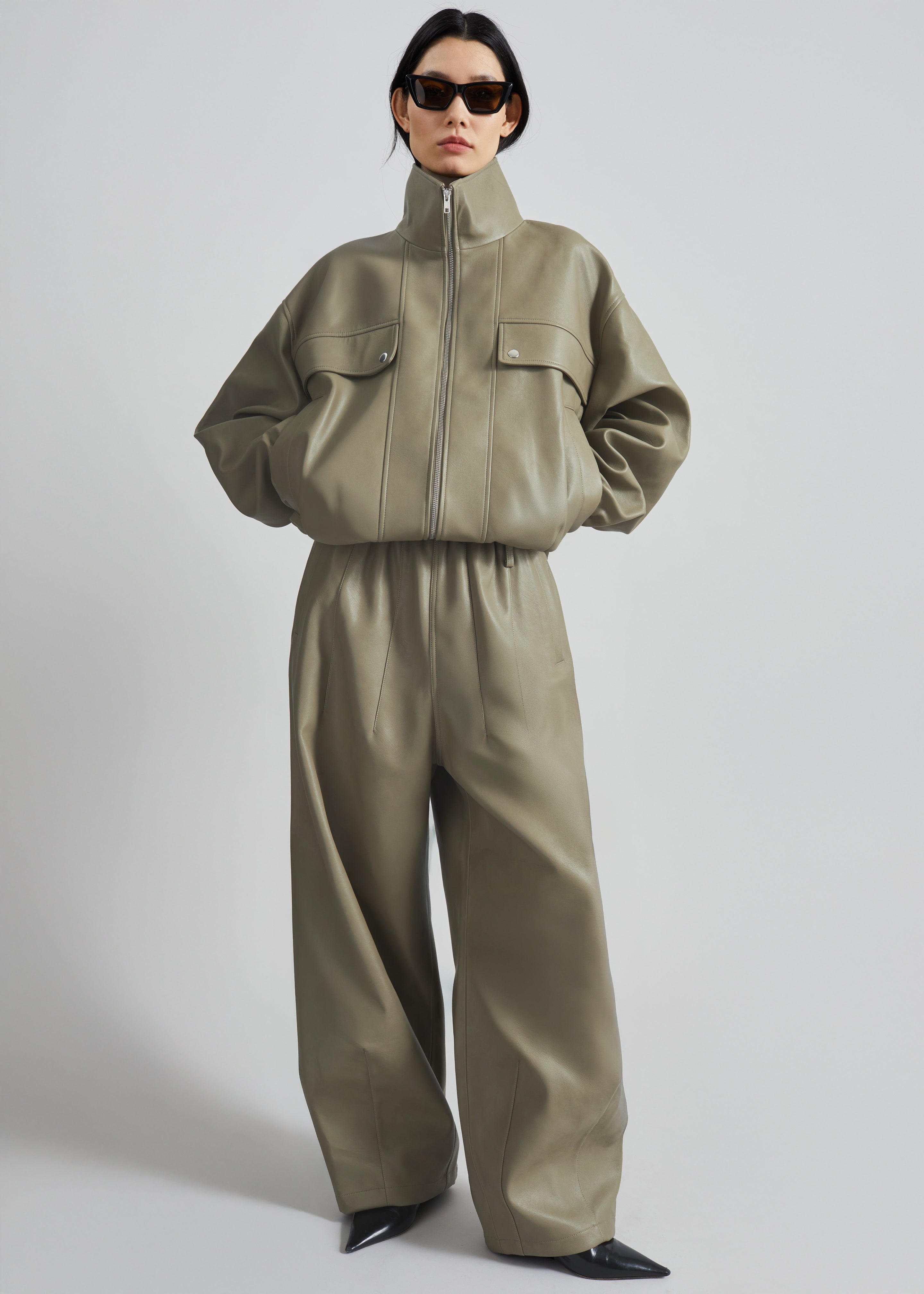 Nolita Faux Leather Bomber Jacket - Sage