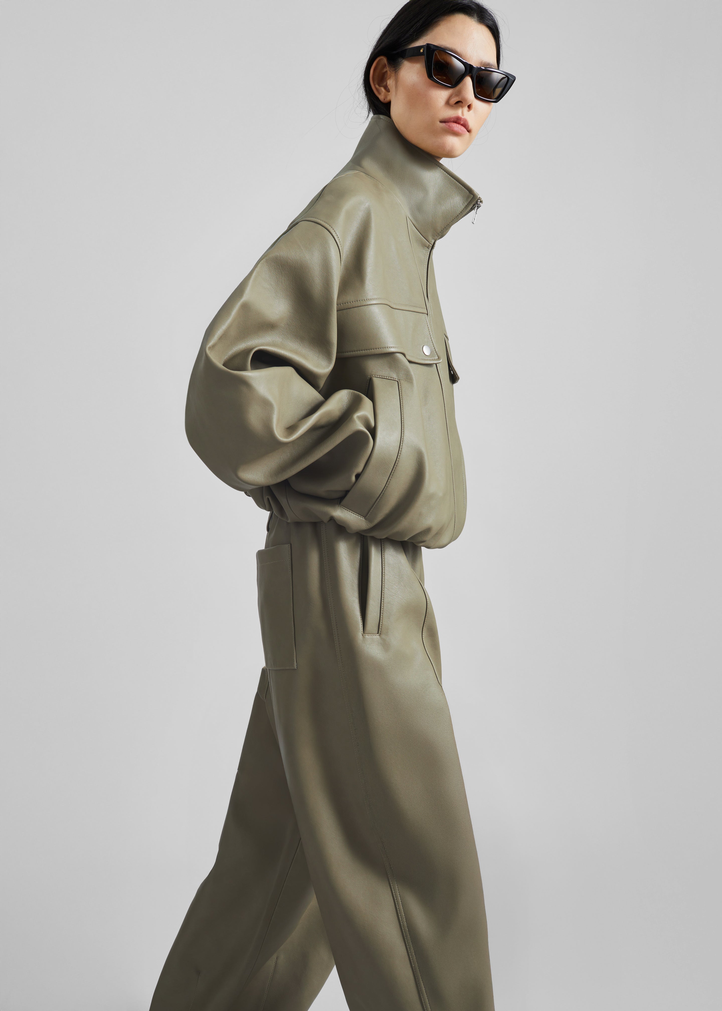 Nolita Faux Leather Bomber Jacket - Sage