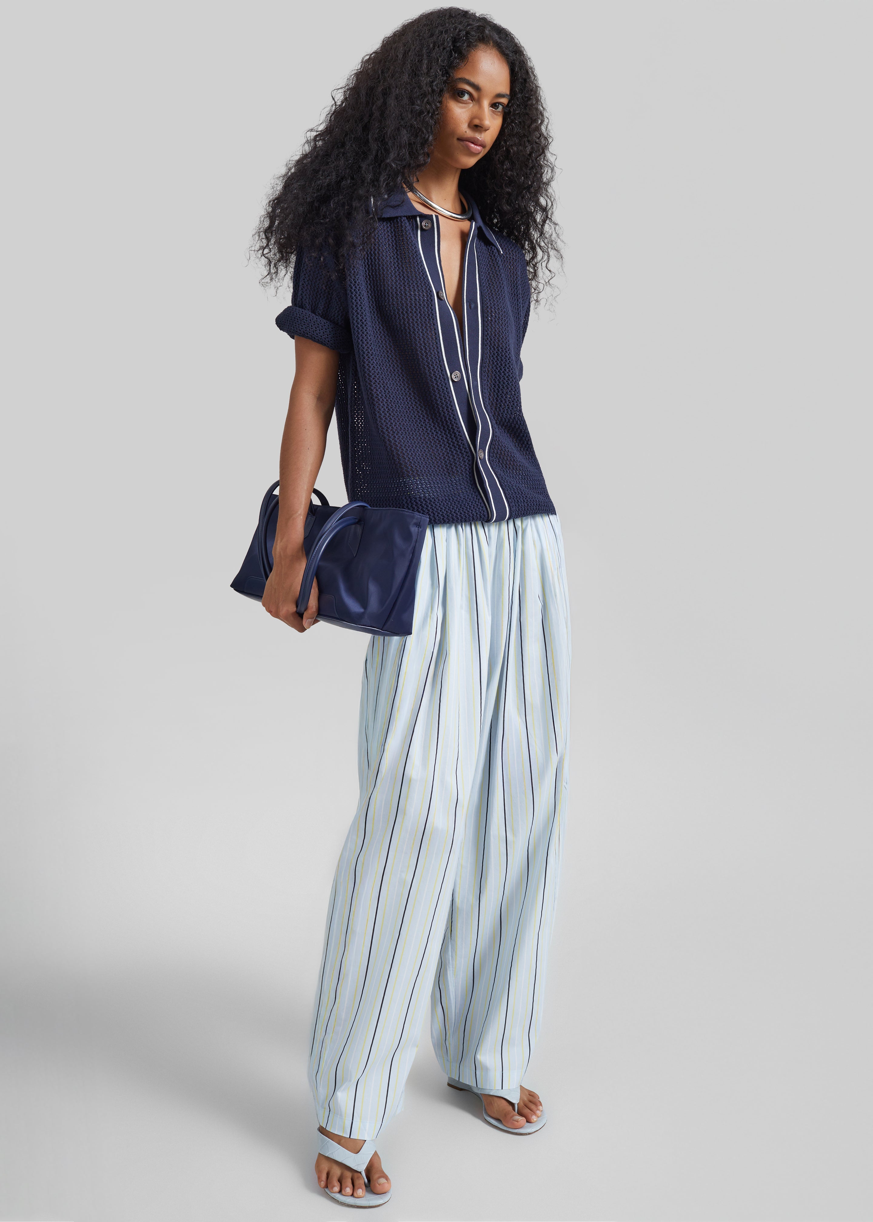 Otranto Cotton Barrel Leg Pants - Blue Multi Stripe