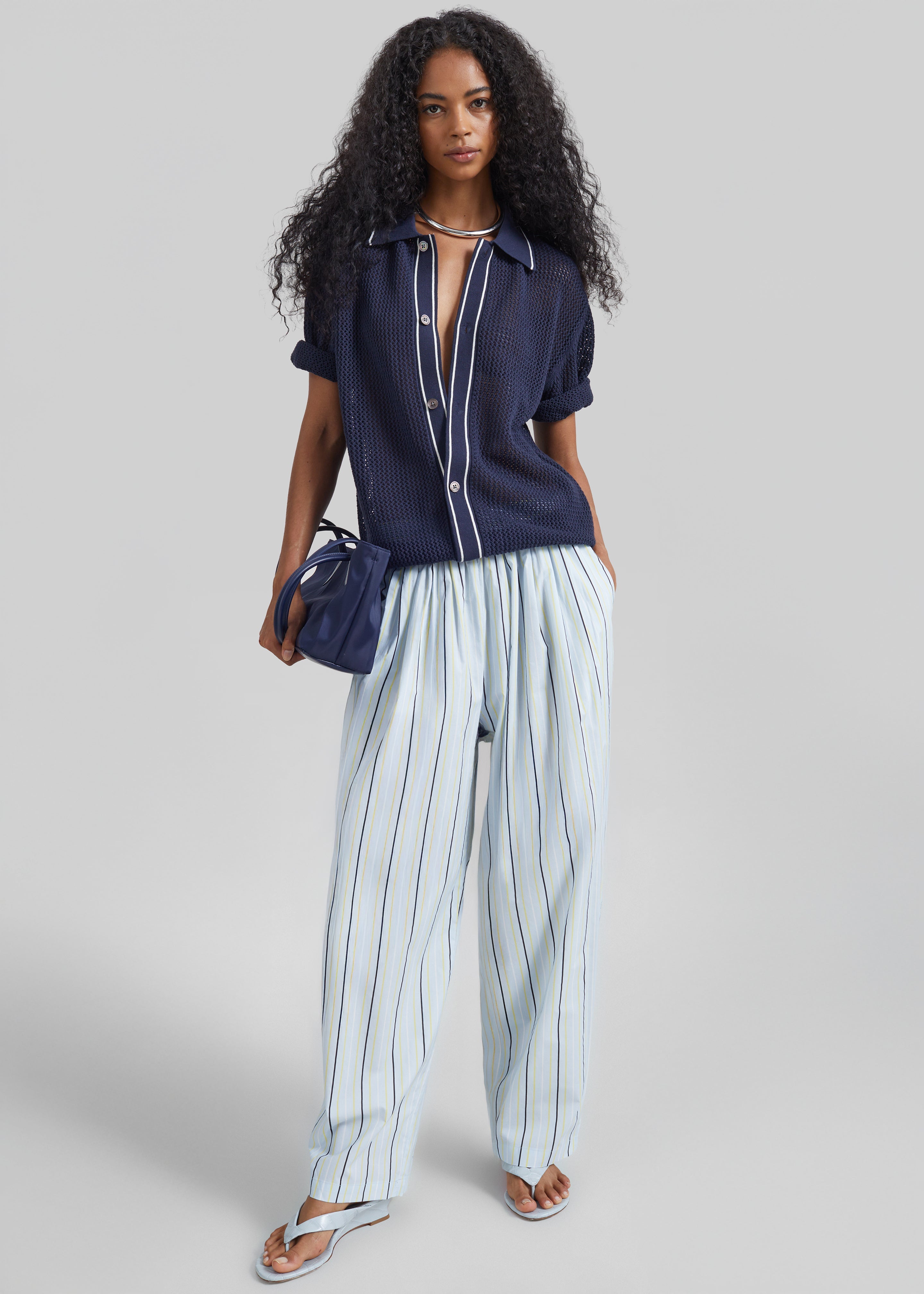Otranto Cotton Barrel Leg Pants - Blue Multi Stripe