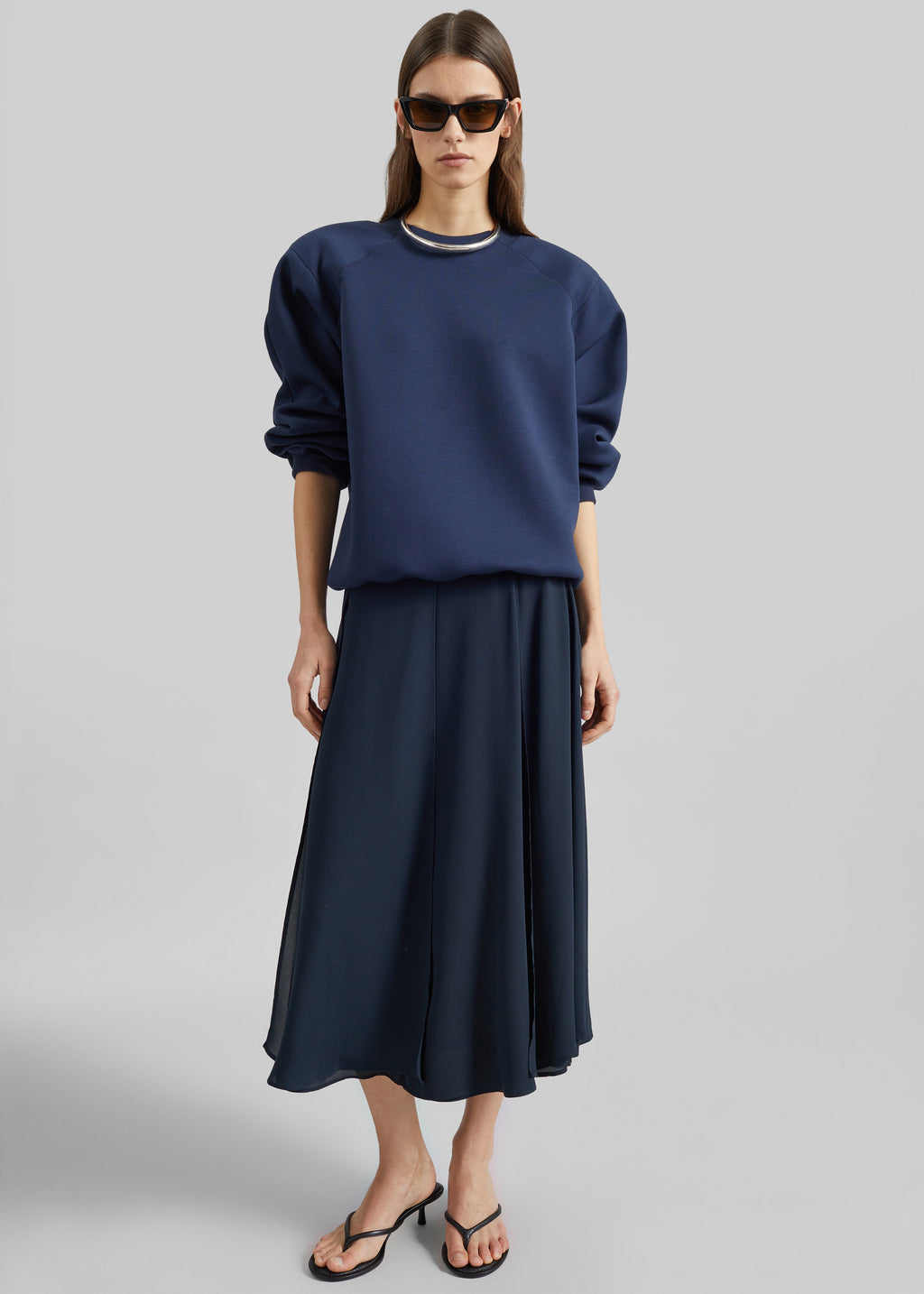 Provence Fluid A-Line Midi Skirt - Navy