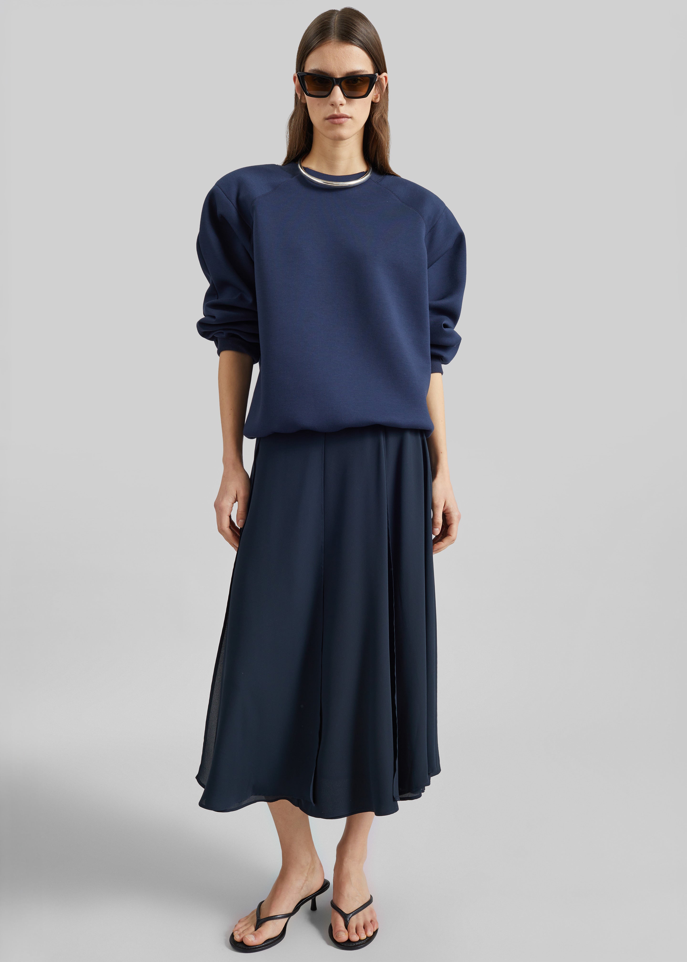 Provence Fluid A-Line Midi Skirt - Navy