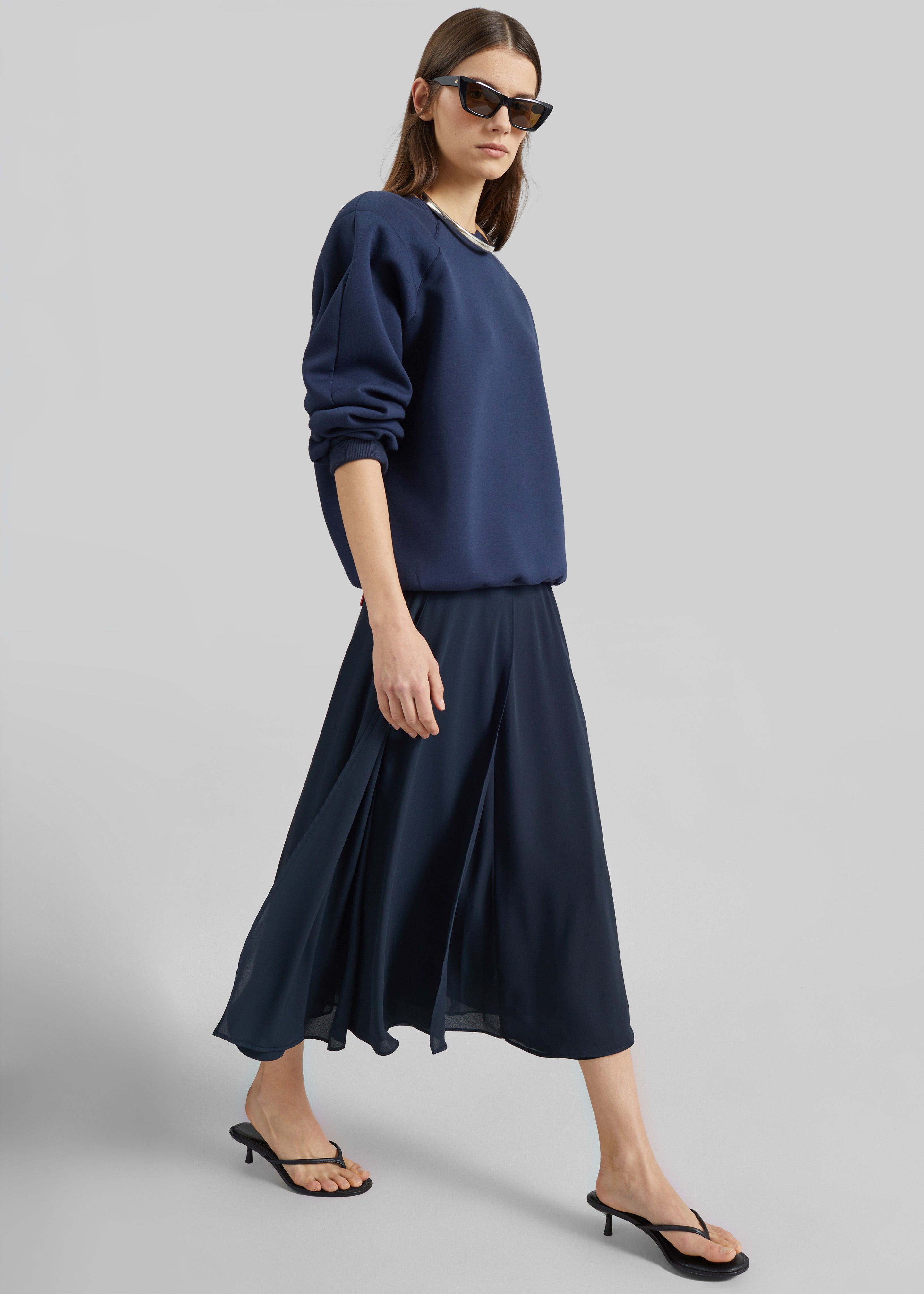 Provence Fluid A-Line Midi Skirt - Navy