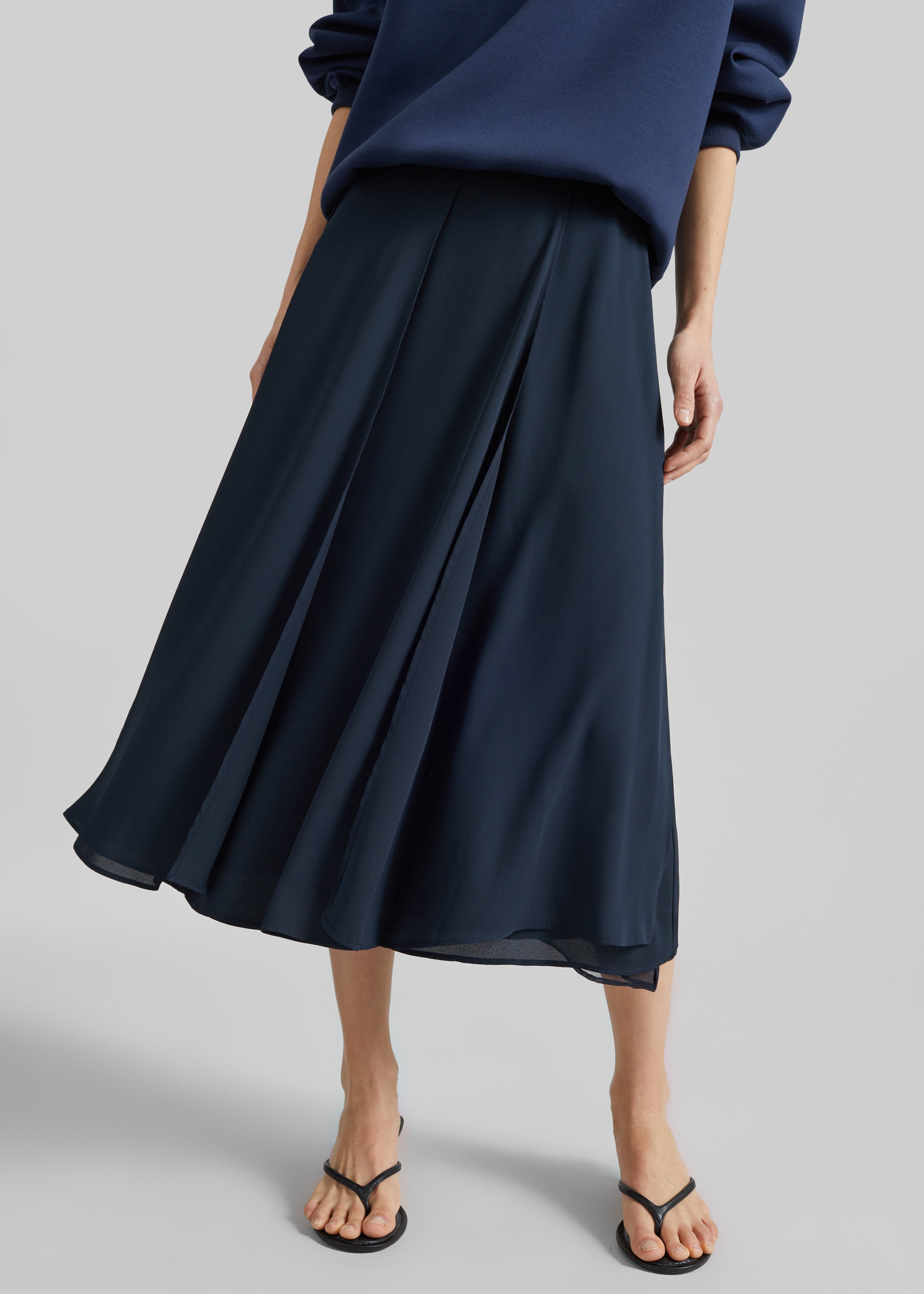 Provence Fluid A-Line Midi Skirt - Navy