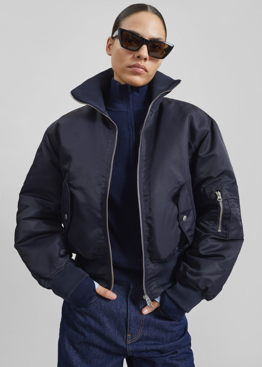 Storm Cropped Bomber Jacket - Navy